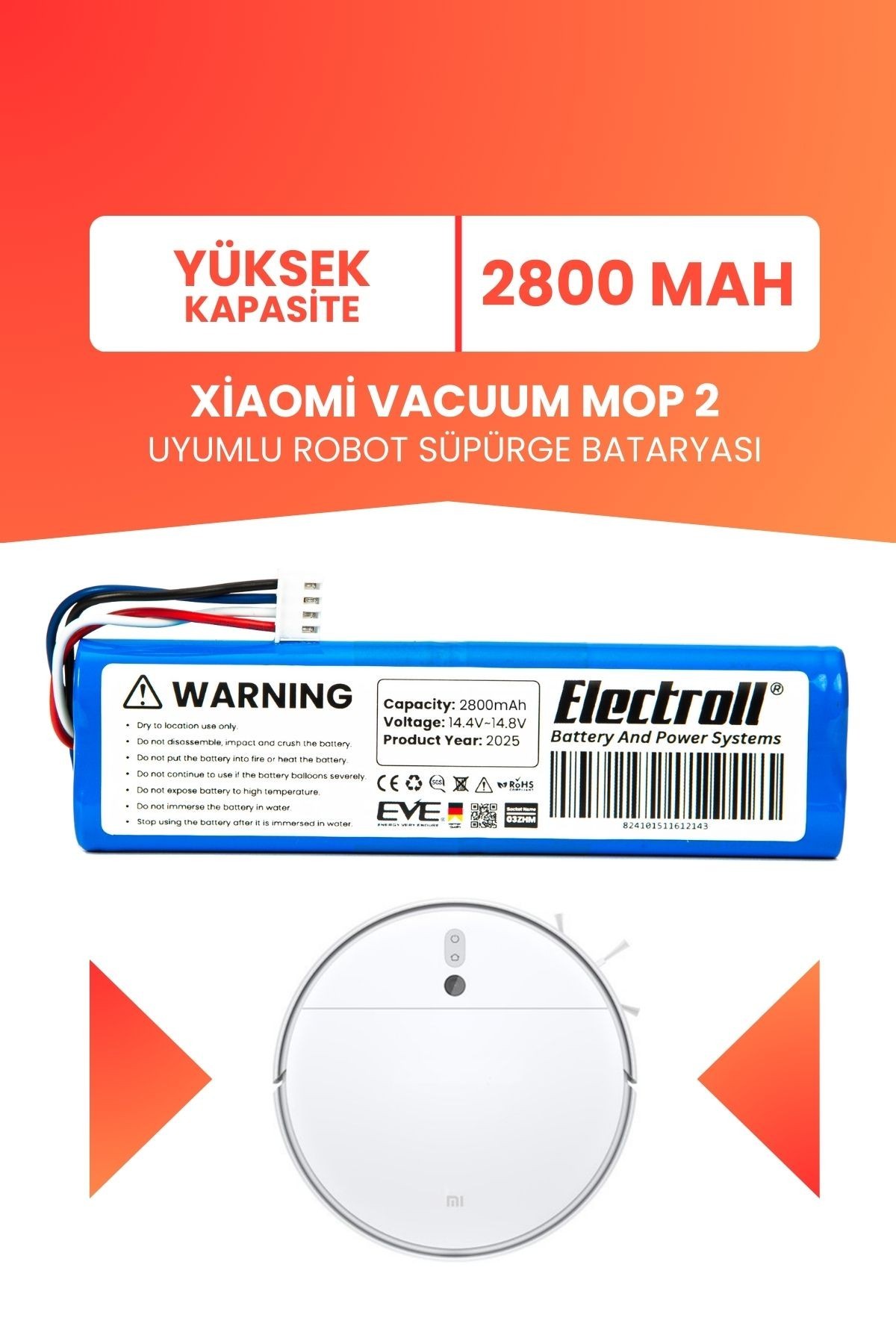 Xiaomi Vacuum Mop 2 Uyumlu Batarya (YÜKSEK KAPASİTE) 2800mah Robot Süpürge Pil Değişimi STYTJ03ZHM
