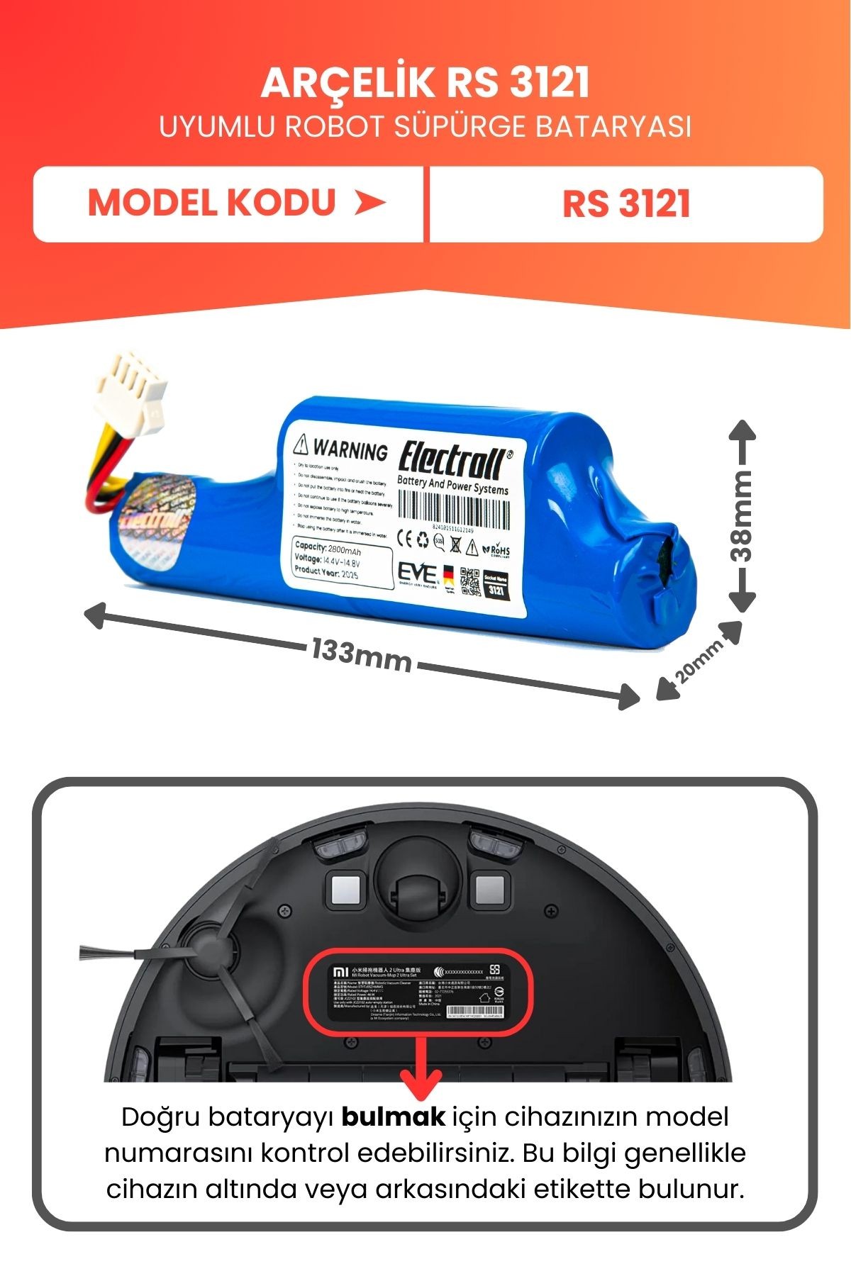 Arçelik Rs 3121 Uyumlu Batarya (YÜKSEK KAPASİTE) 2800mah Pil Robot Süpürge Bataryası 9178024542