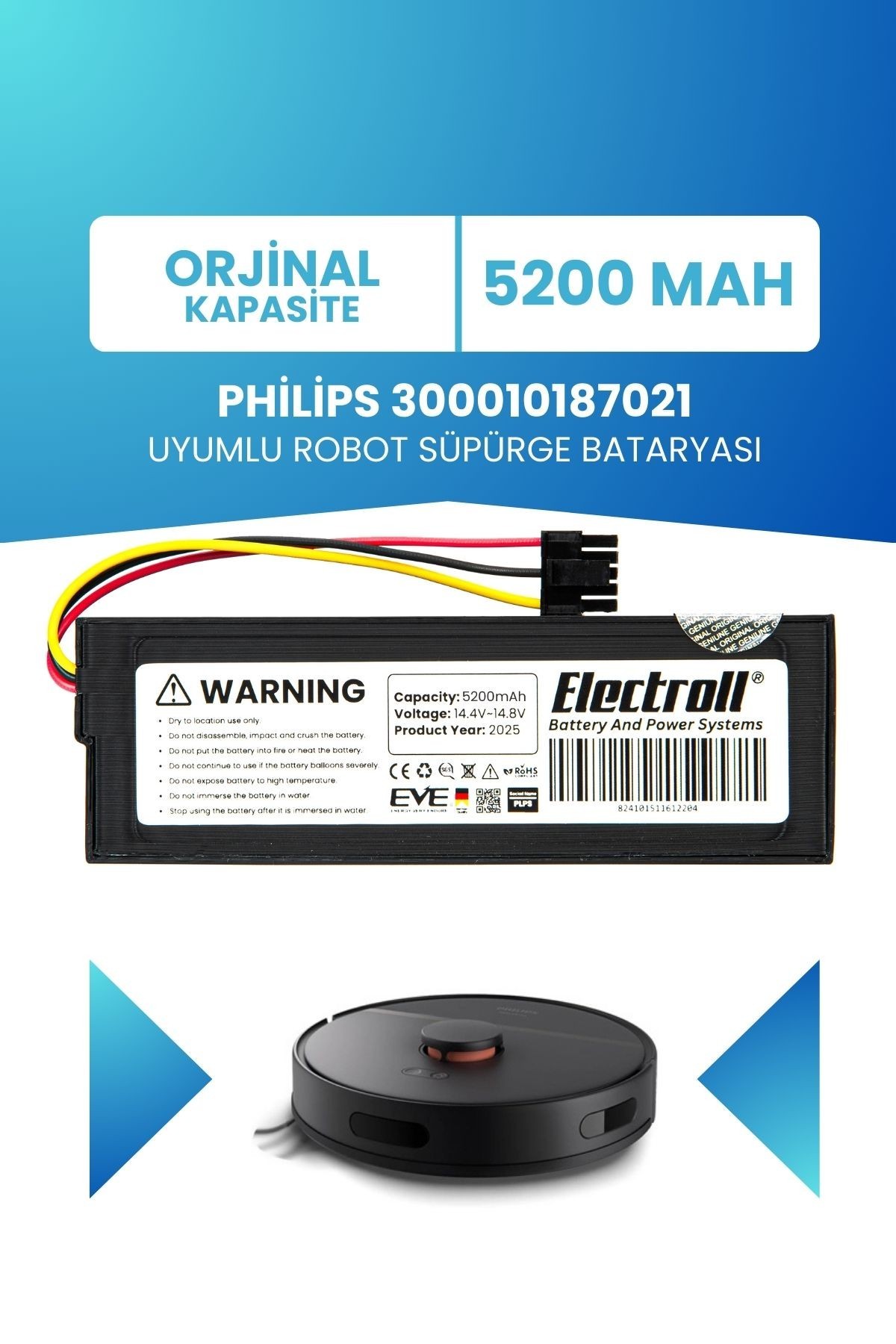 Philips 300010187021 Uyumlu Batarya (ORJİNAL KAPASİTE) 5200mah Pil Robot Süpürge Bataryası Değişimi