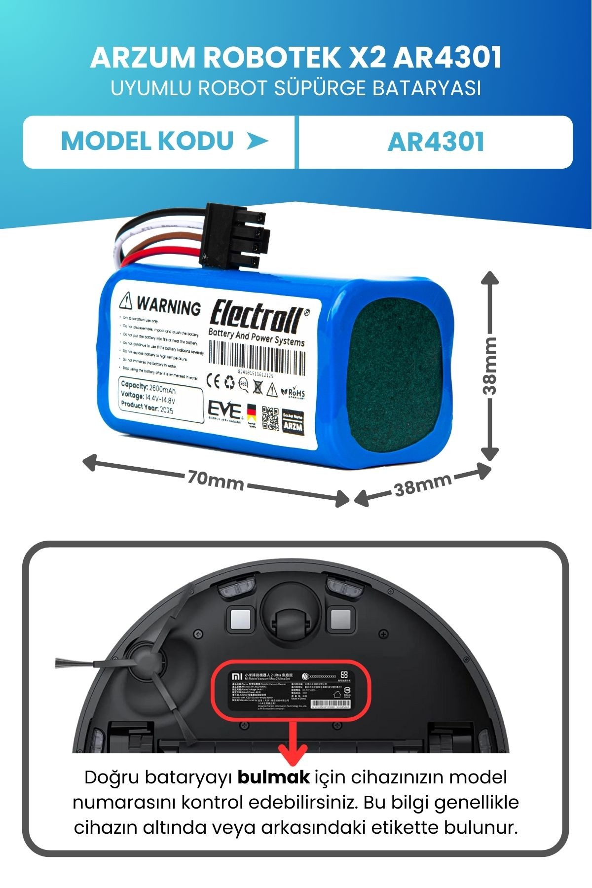 Arzum Robotek X2 Ar4301 Uyumlu Batarya (ORJİNAL KAPASİTE) 2600mah Pil Akıllı Robot Süpürge Bataryası