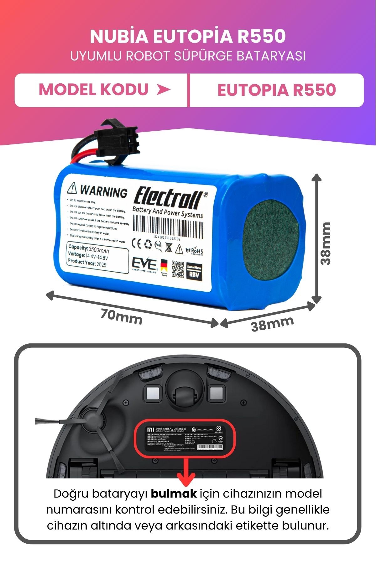 Nubia Eutopia R550 Uyumlu Batarya (MAKSİMUM KAPASİTE) 3500mah Pil Robot Süpürge Bataryası