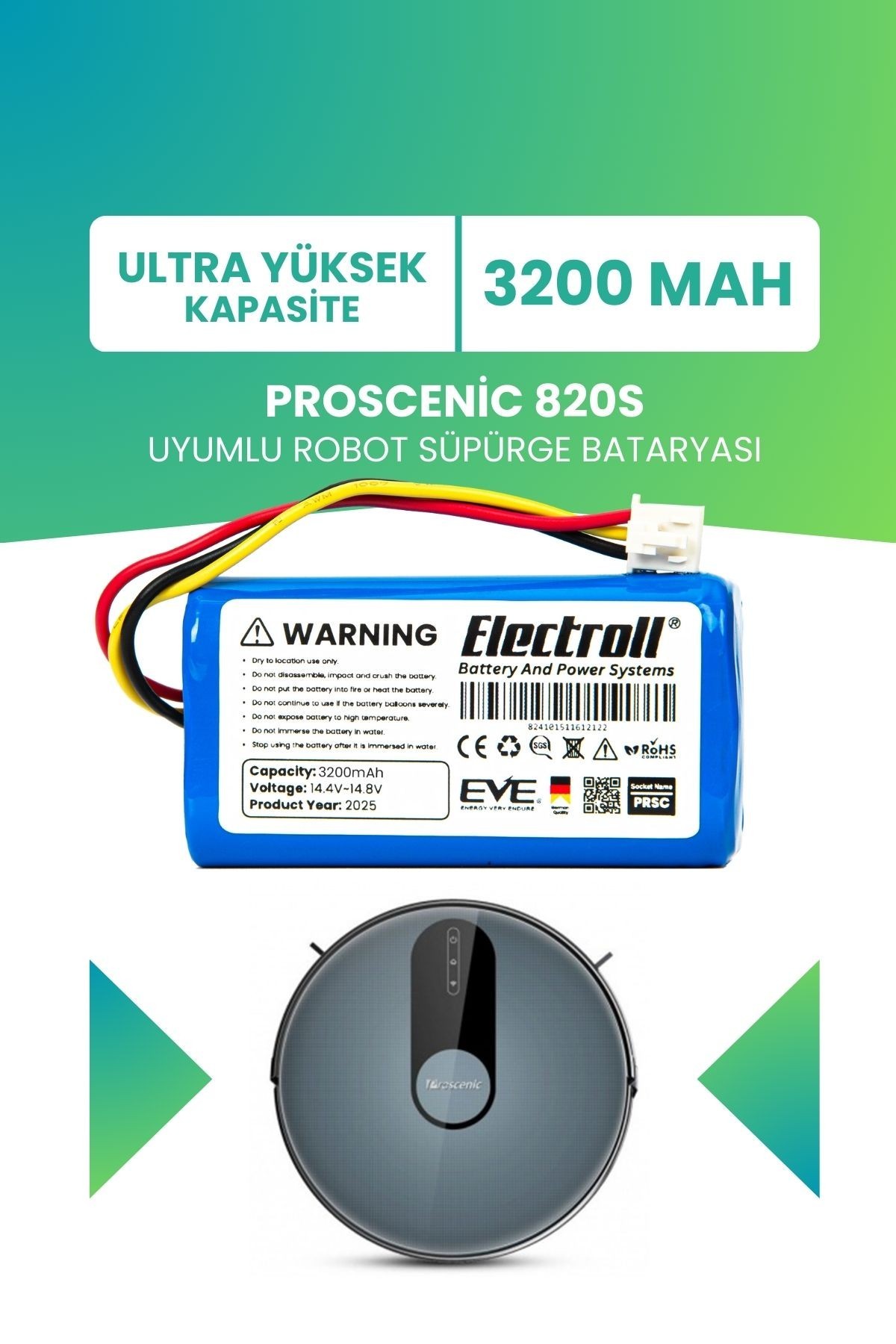 Proscenic 820s Uyumlu Batarya (YÜKSEK KAPASİTE) 3200mah Pil Robot Süpürge Bataryası Değişimi