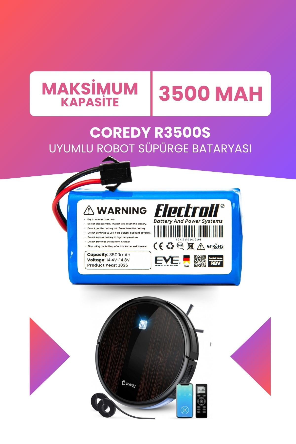 Coredy R3500s Uyumlu Batarya (MAKSİMUM KAPASİTE) 3500mah Pil Akıllı Robot Süpürge Bataryası