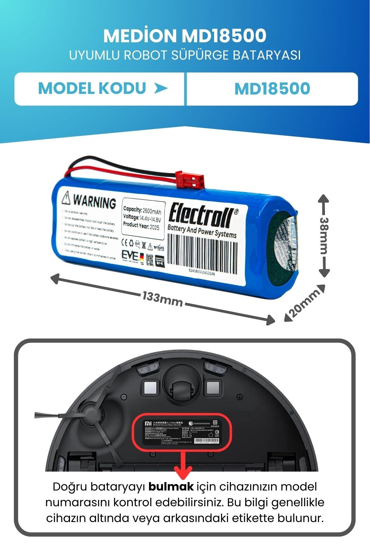 Medion Md18500 Uyumlu Batarya (ORJİNAL KAPASİTE) 2600mah Pil Robot Süpürge Bataryası Değişimi