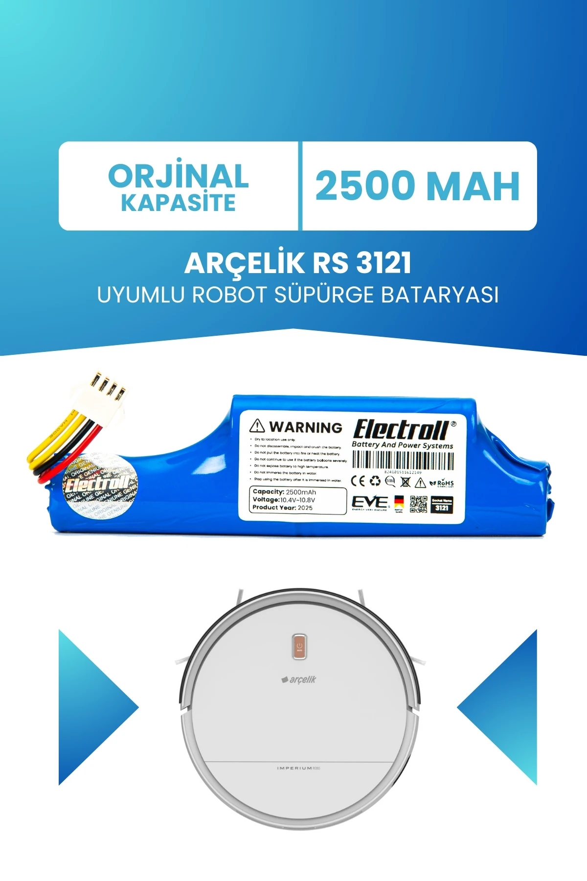 Arçelik Rs 3121 Uyumlu Batarya (ORJİNAL KAPASİTE) 2500mah Pil Robot Süpürge Bataryası Değişimi