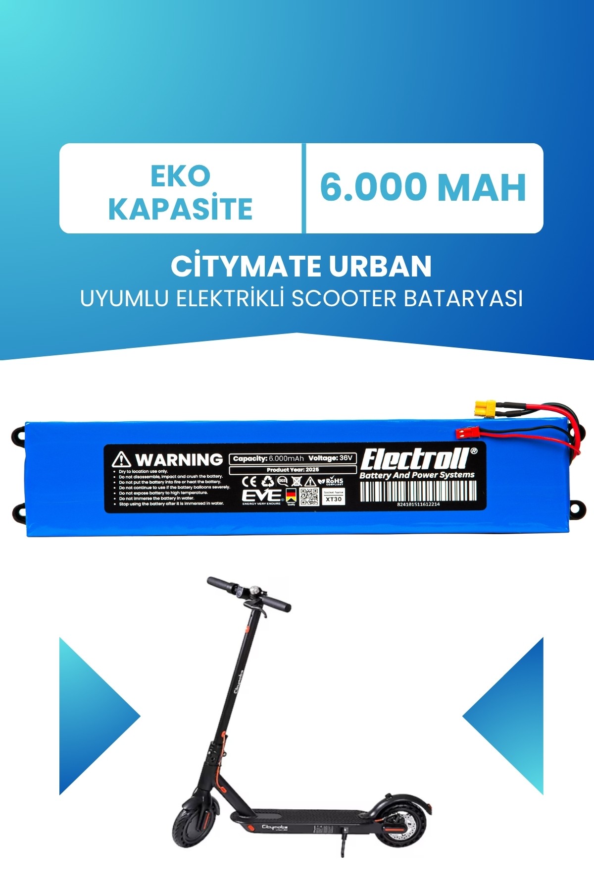 Citymate Urban Uyumlu Batarya (Eko Kapasite) 36v 6.000Mah Elektrikli Scooter Bataryası