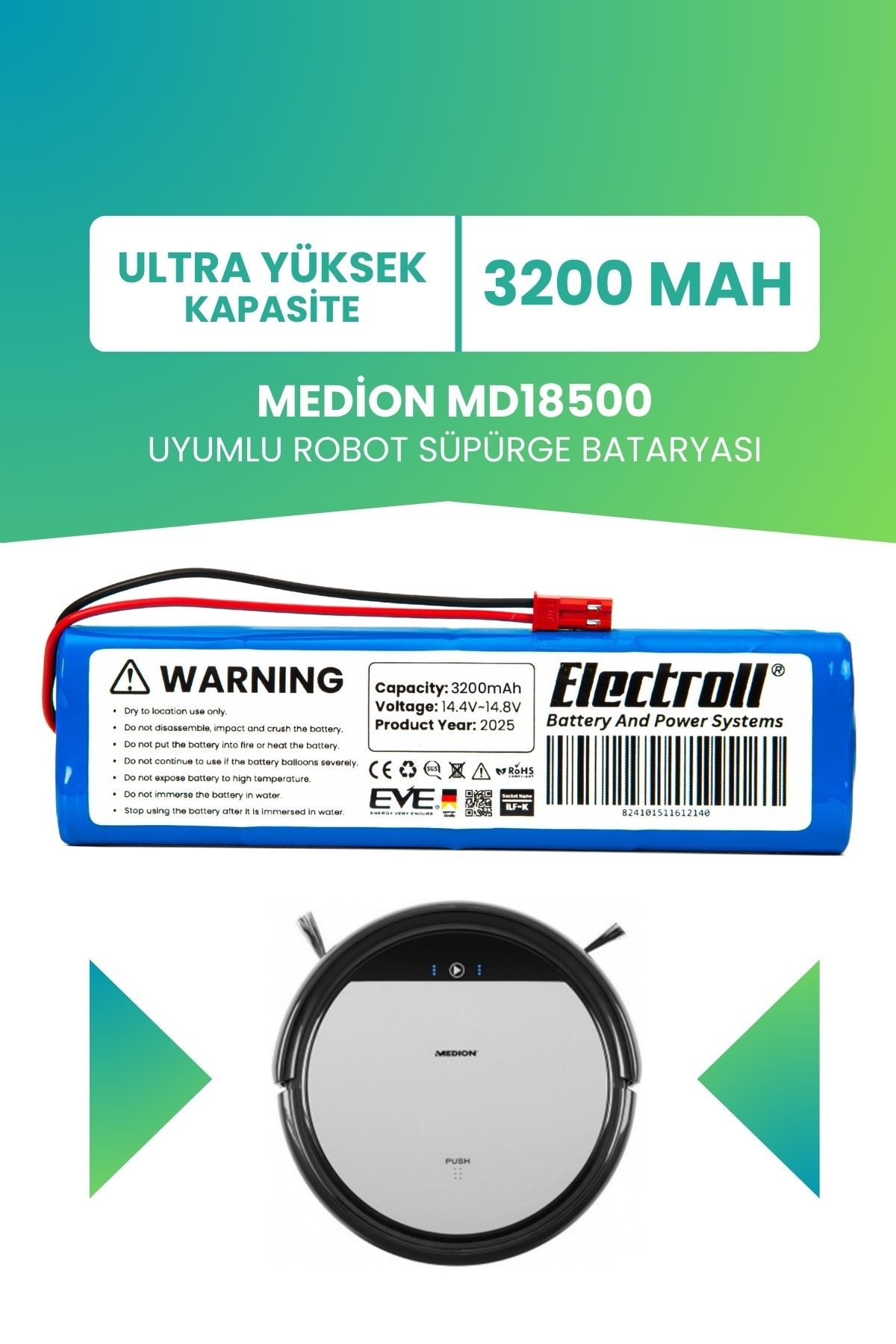 Medion Md18500 Uyumlu Batarya (ULTRA YÜKSEK KAPASİTE) 3200mah Pil Robot Süpürge Bataryası Değişimi