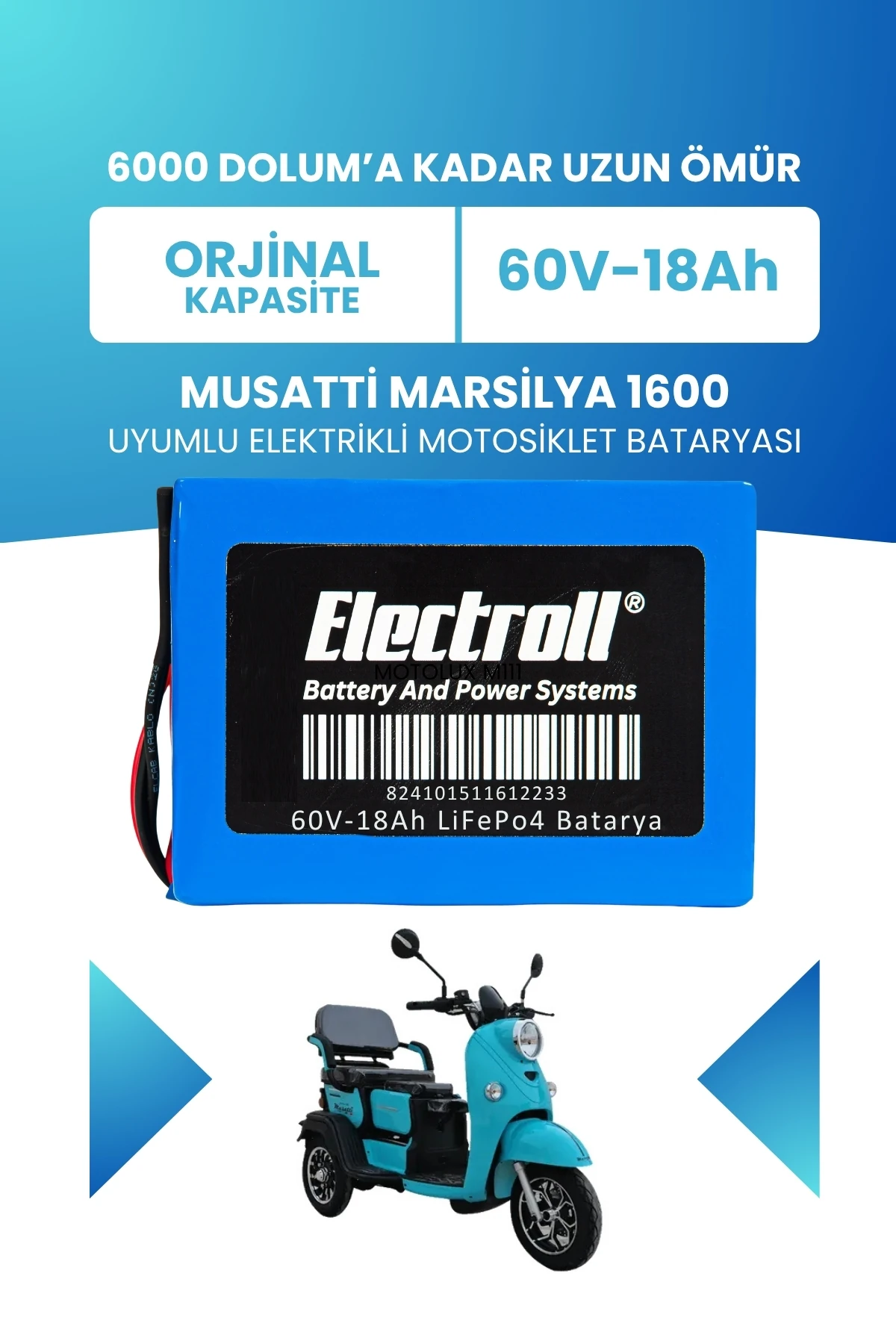 myuz Musatti Marsilya 1600 LiFePO4 Batarya 60V 18Ah Uzun Ömürlü | Electroll