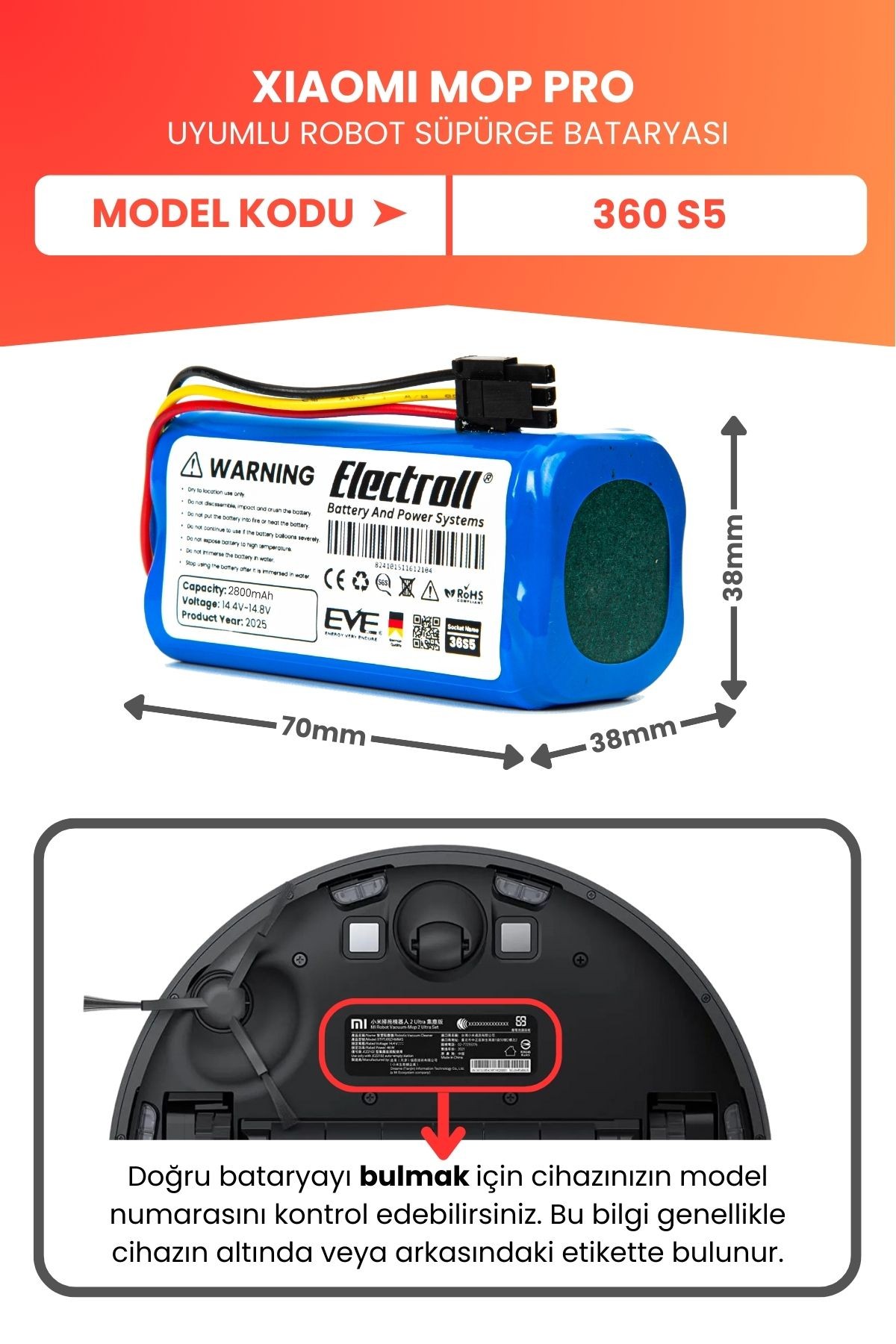 360 S5 Uyumlu Batarya (YÜKSEK KAPASİTE) 2800mah Pil Akıllı Robot Süpürge Bataryası Değişimi