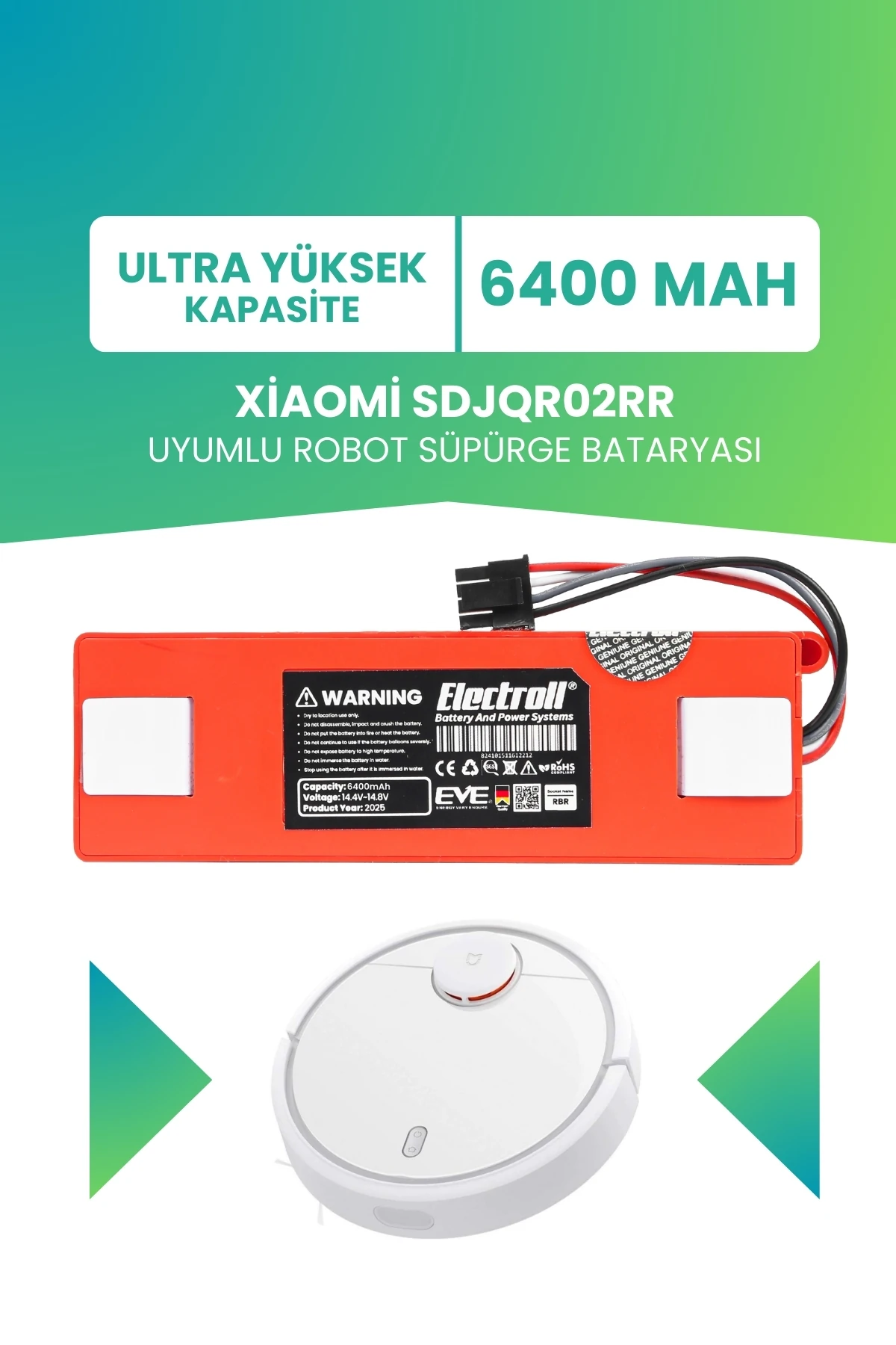 Xiaomi Sdjqr02rr Uyumlu Batarya (ULTRA YÜKSEK KAPASİTE) 6400mah Kutulu Robot Süpürge Batarya Değişim