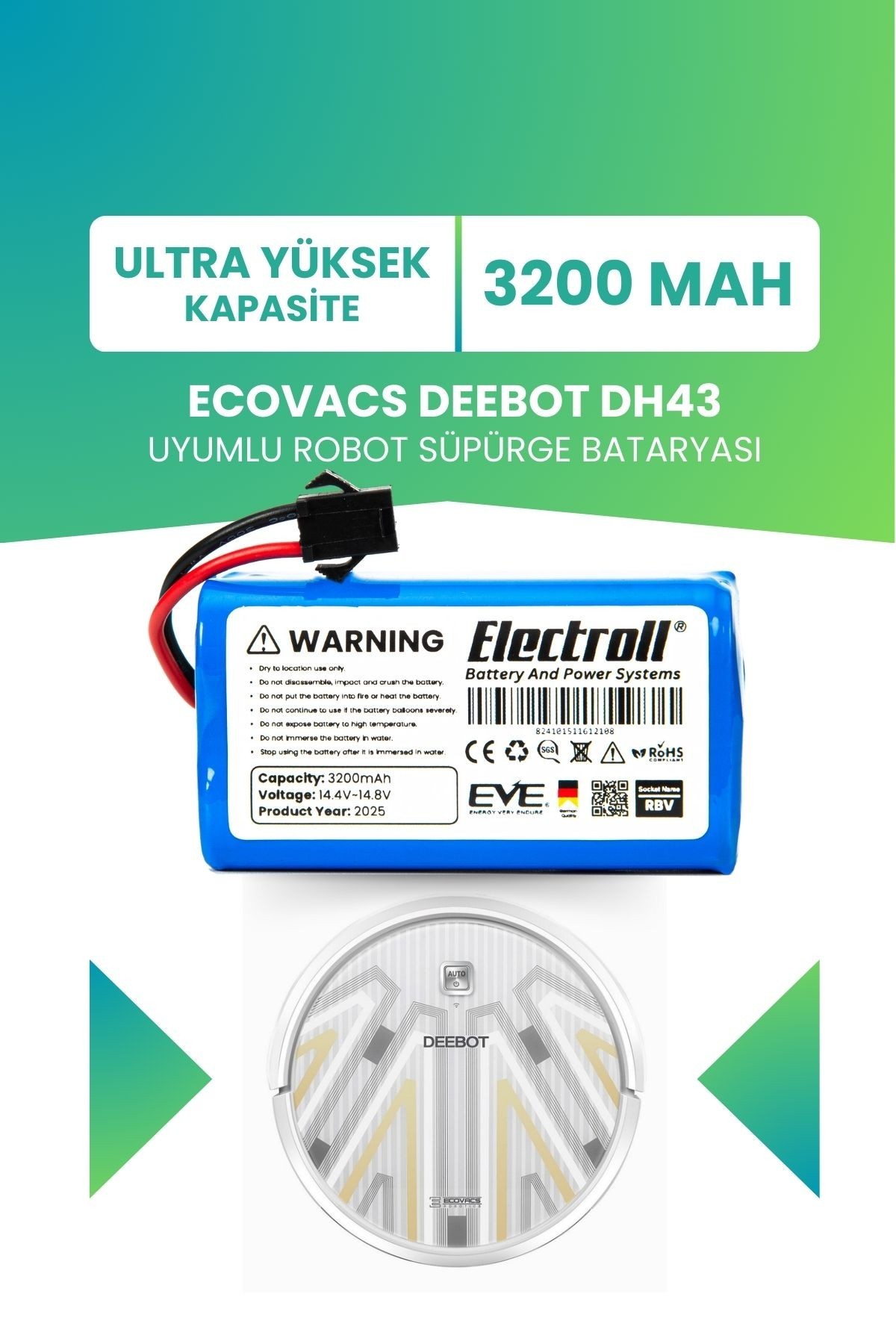Ecovacs Deebot Dh43 Uyumlu Batarya (ULTRA YÜKSEK KAPASİTE) 3200mah Pil Robot Süpürge Bataryası