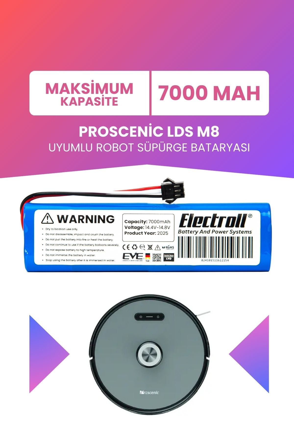 Proscenic LDS M8 Uyumlu Batarya (MAKSİMUM KAPASİTE) 7000mah Pil Robot Süpürge Bataryası Değişimi