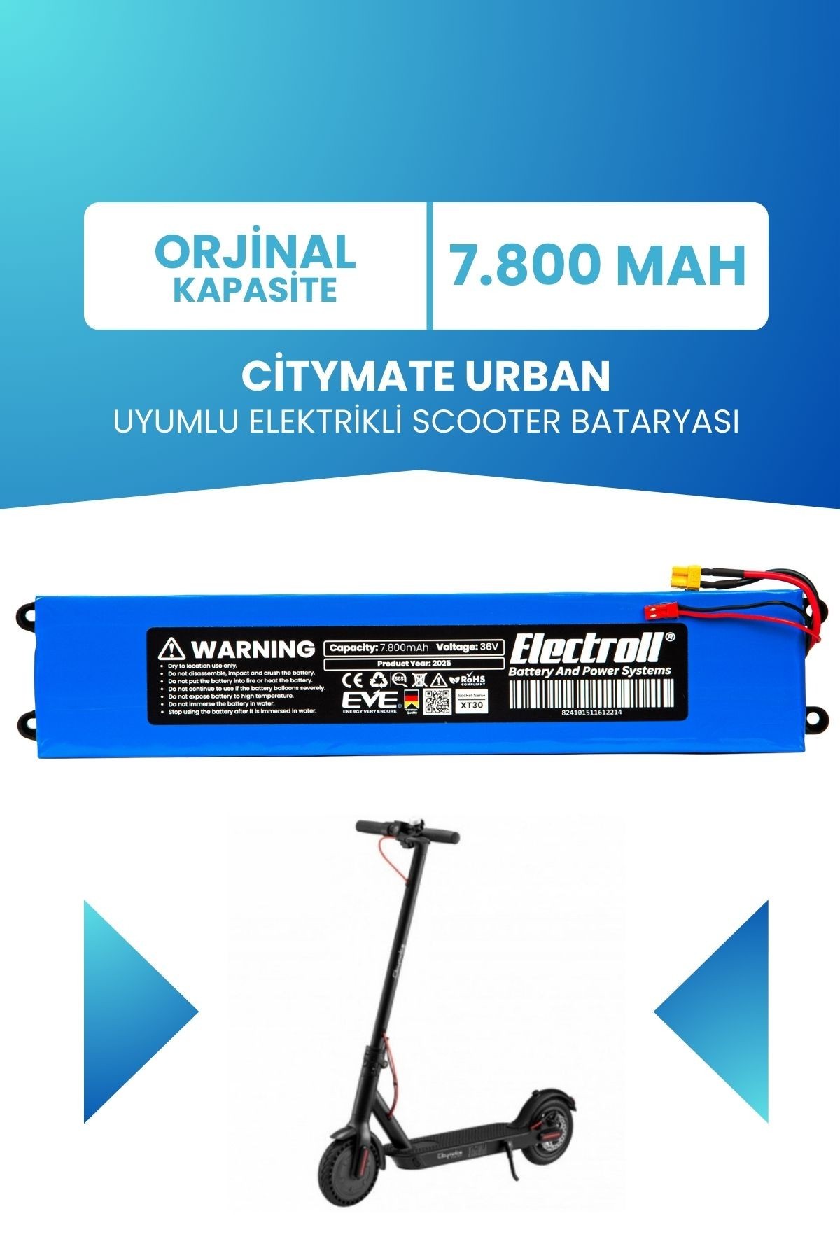 Citymate Urban Batarya (ORJİNAL KAPASİTE) 36v 7.800mah Pil Elektrikli Scooter Bataryası Değişimi