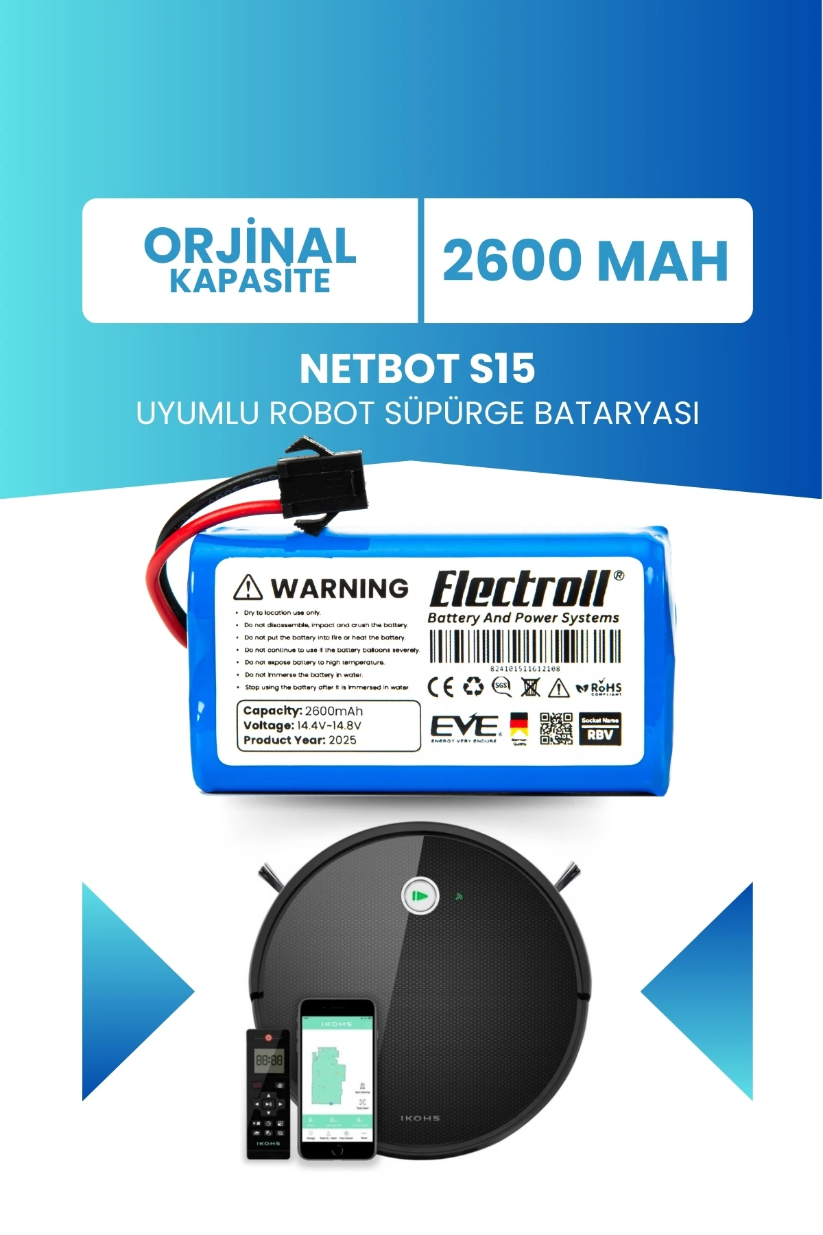 Netbot S15 Uyumlu Batarya (ORJİNAL KAPASİTE) 2600mah Pil Robot Süpürge Bataryası