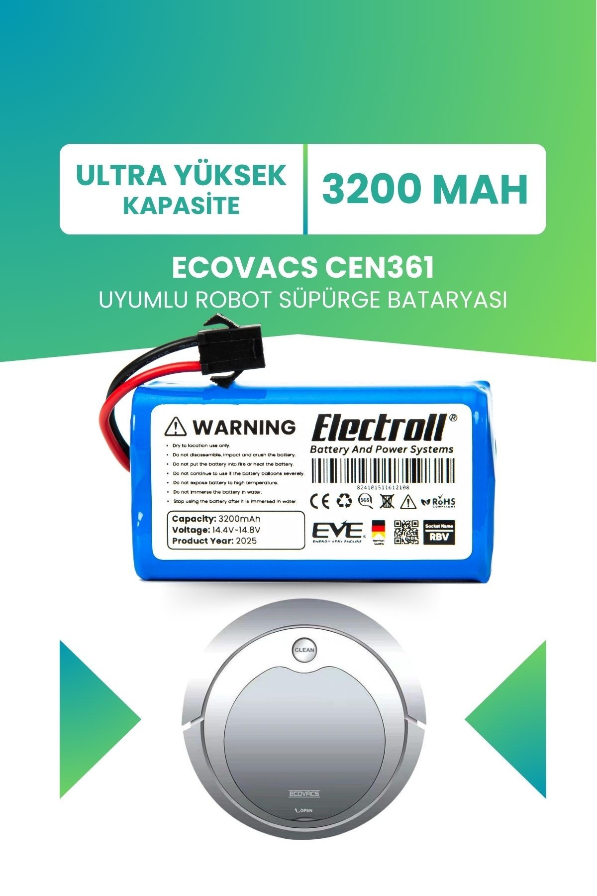Ecovacs Cen361 Uyumlu Batarya (ULTRA YÜKSEK KAPASİTE) 3200mah Pil Robot Süpürge Bataryası