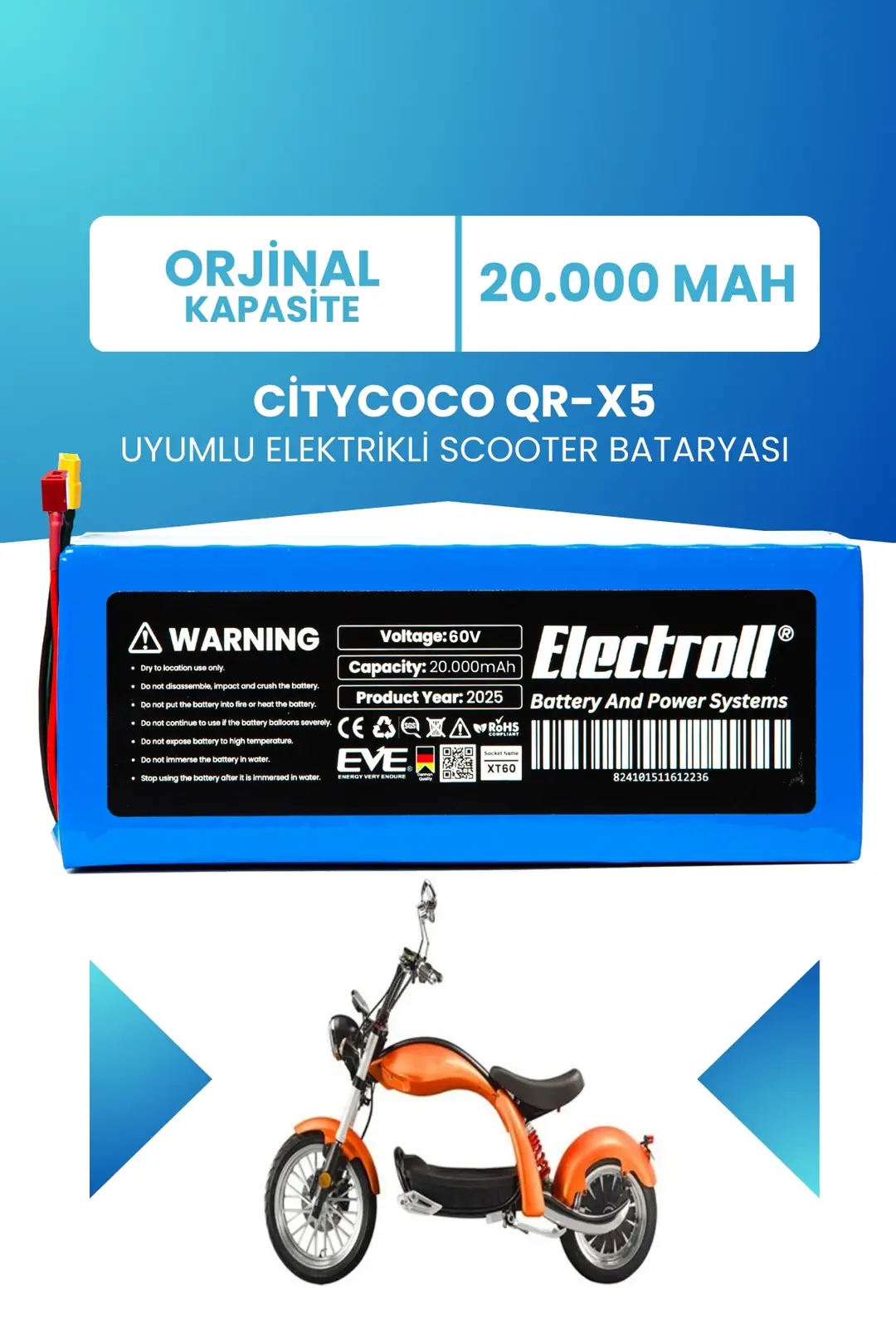 Citycoco QR-X5 Elektrikli Scooter Batarya 60V 20Ah Uzun Ömürlü