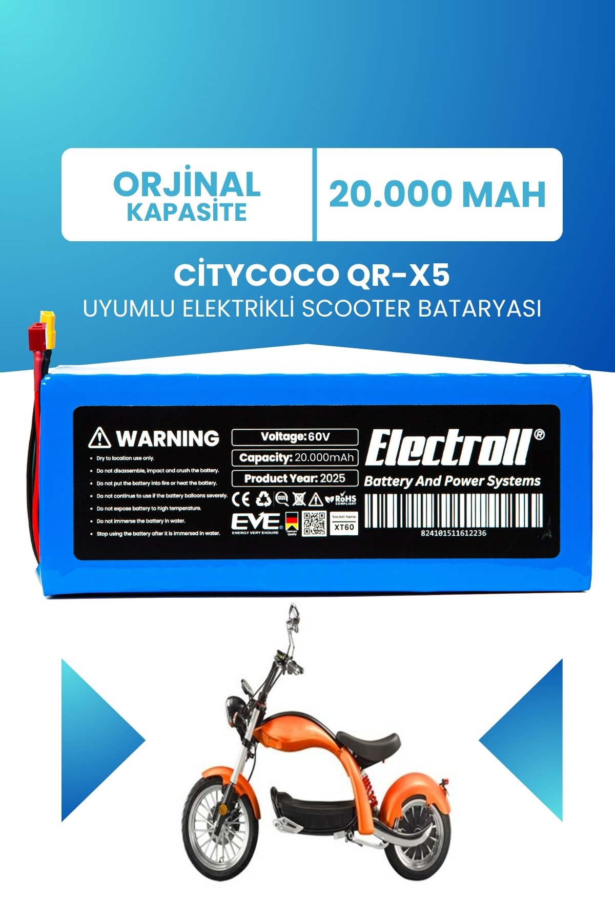 Citycoco QR-X5 Scooter Batarya (ORJİNAL KAPASİTE) LiFePO4 60V 20AH Elektrikli Scooter Bataryası