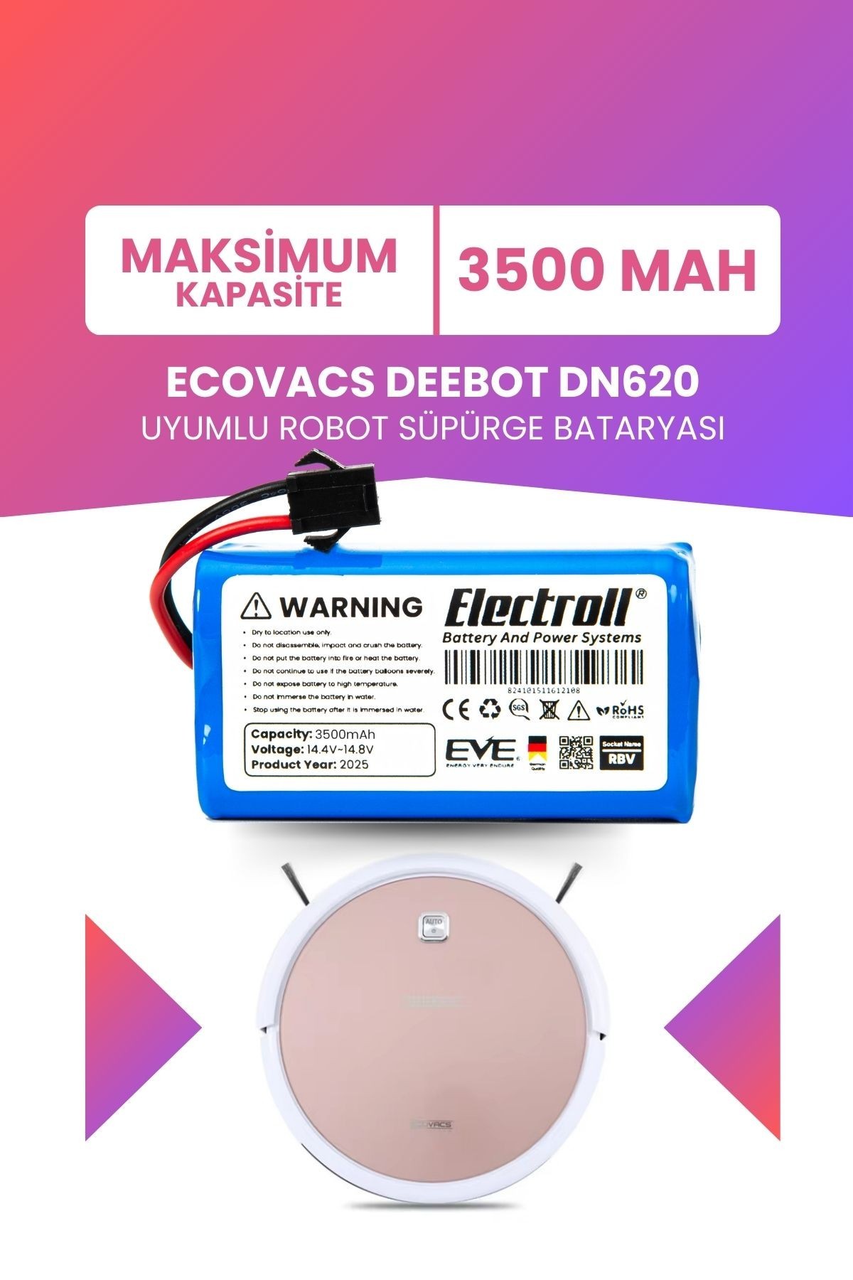 Ecovacs Deebot Dn620 Uyumlu Batarya (MAKSİMUM KAPASİTE) 3500mah Pil Robot Süpürge Bataryası