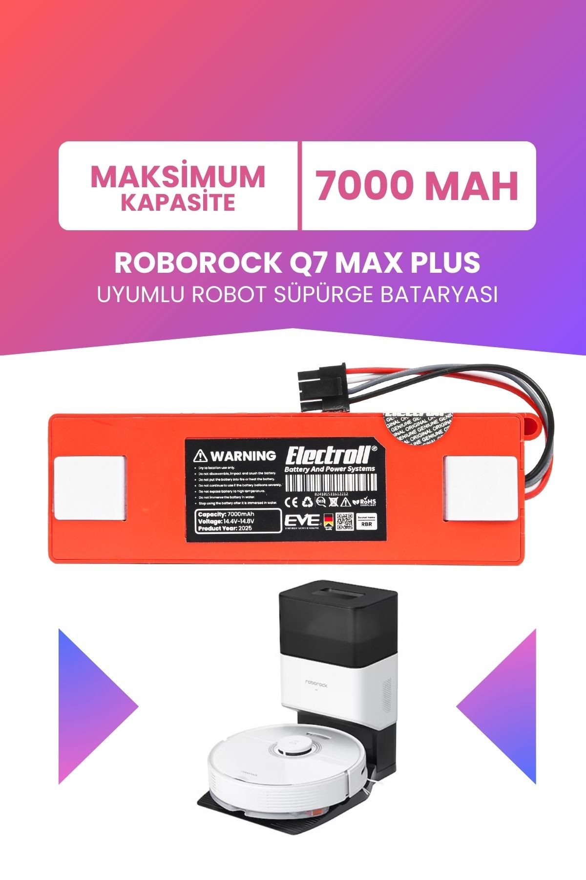Roborock Q7 Max Plus Uyumlu Batarya (YÜKSEK KAPASİTE) 7000mah Kutulu Robot Süpürge Pil Değişimi