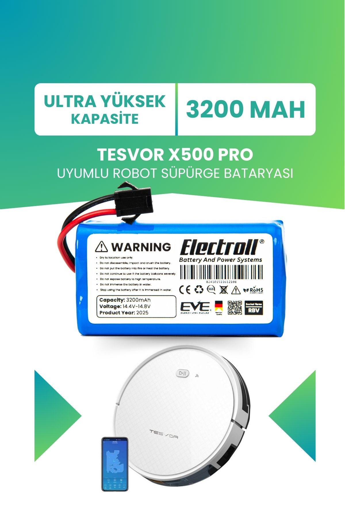 Tesvor X500 Pro Uyumlu Batarya (ULTRA YÜKSEK KAPASİTE) 3200mah Pil Robot Süpürge Bataryası