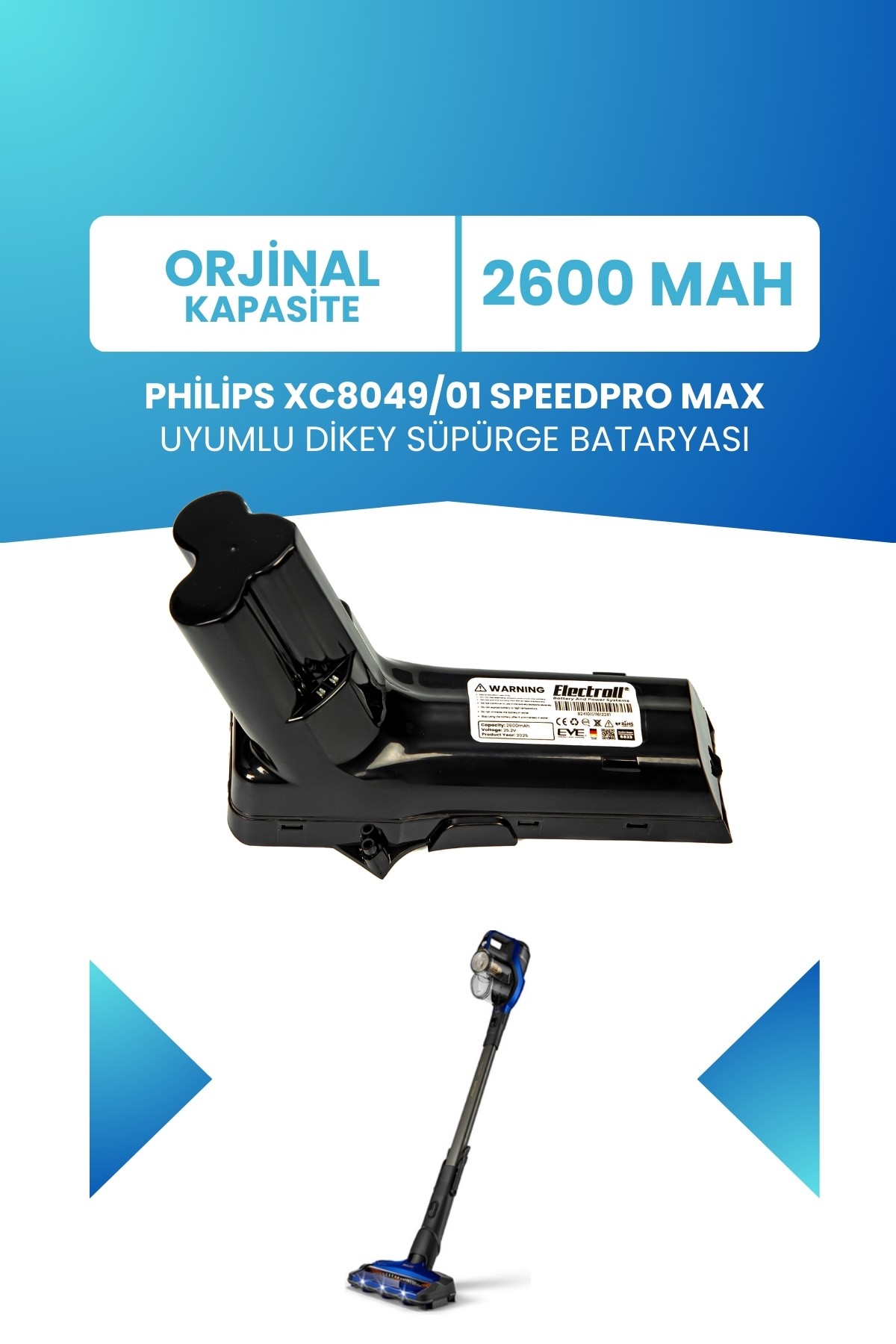 Philips 8000 Serisi XC8049/01 SpeedPro Max Uyumlu Batarya 25.2 V 2600mah Dikey Süpürge Bataryası