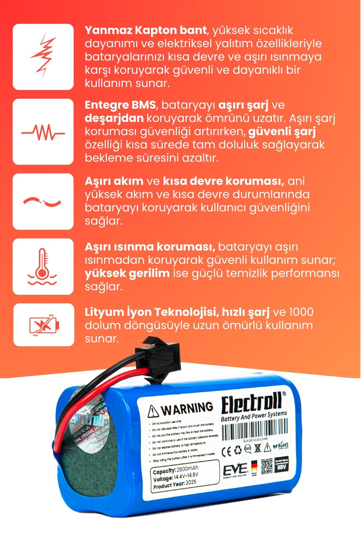 Lenovo Robot Vacuum Cleaner E1 Uyumlu Batarya (YÜKSEK KAPASİTE) 2800mah Robot Süpürge Bataryası