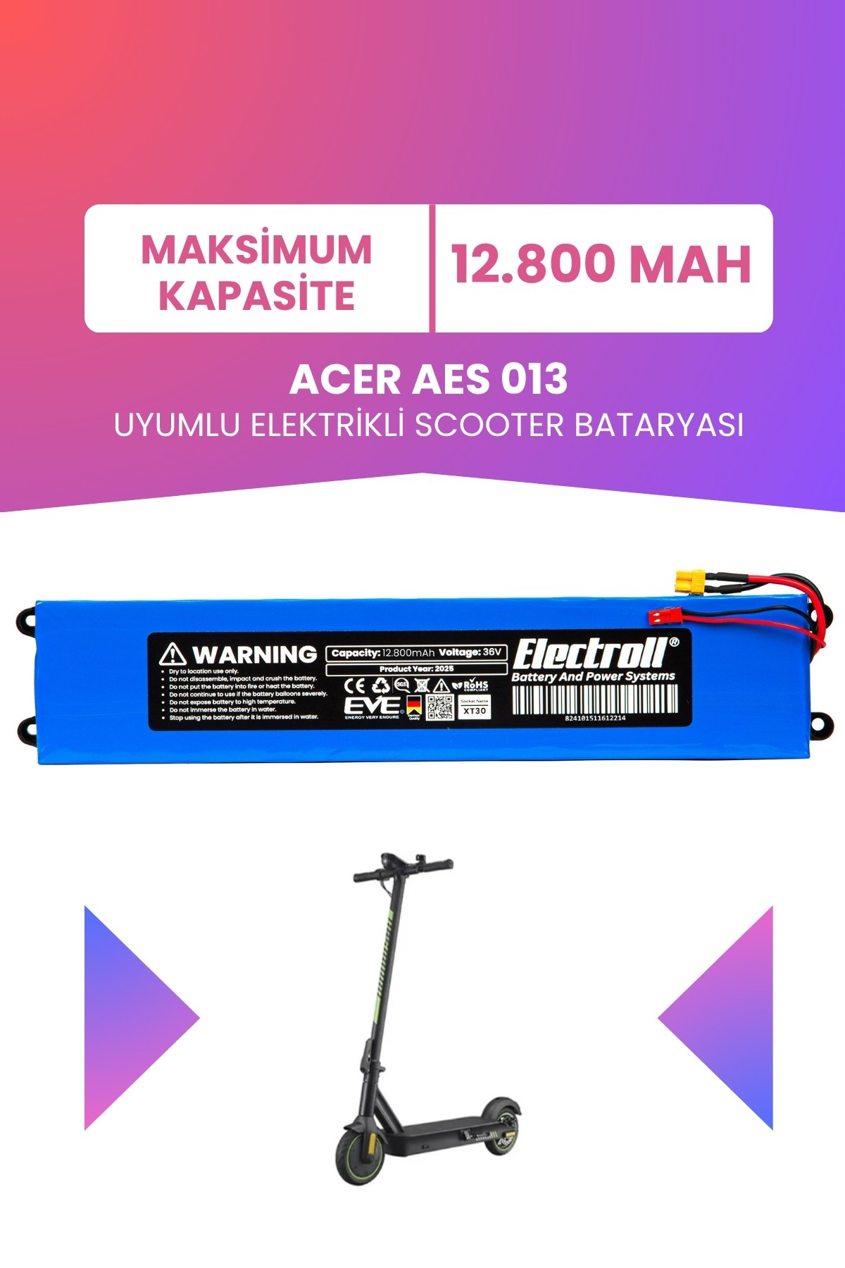 Acer Aes 013 Uyumlu Batarya (Maksimum Kapasite) 36v 12.800Mah Elektrikli Scooter Bataryası