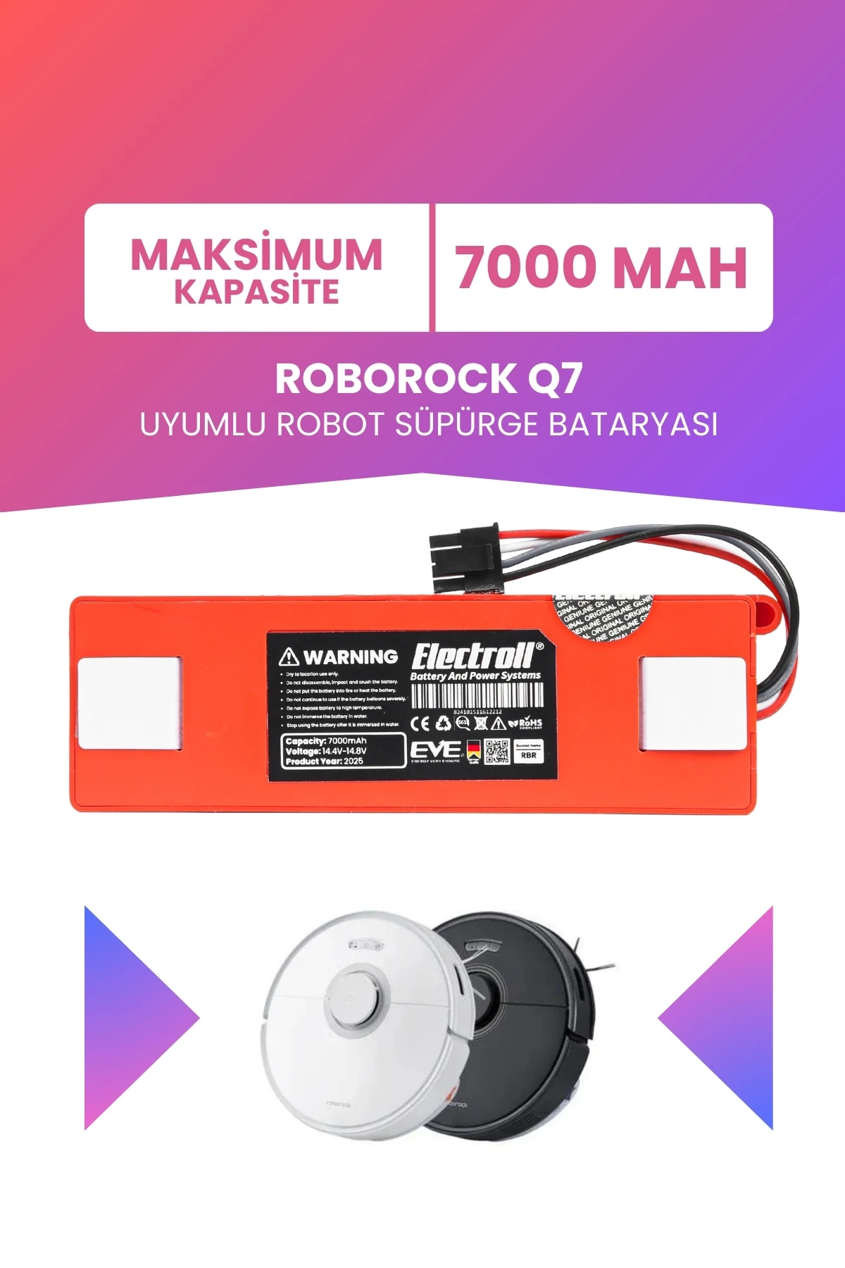 Roborock Q7 Uyumlu Batarya (MAKSİMUM KAPASİTE) 7000mah Pil Kutulu Robot Süpürge Bataryası Değişimi