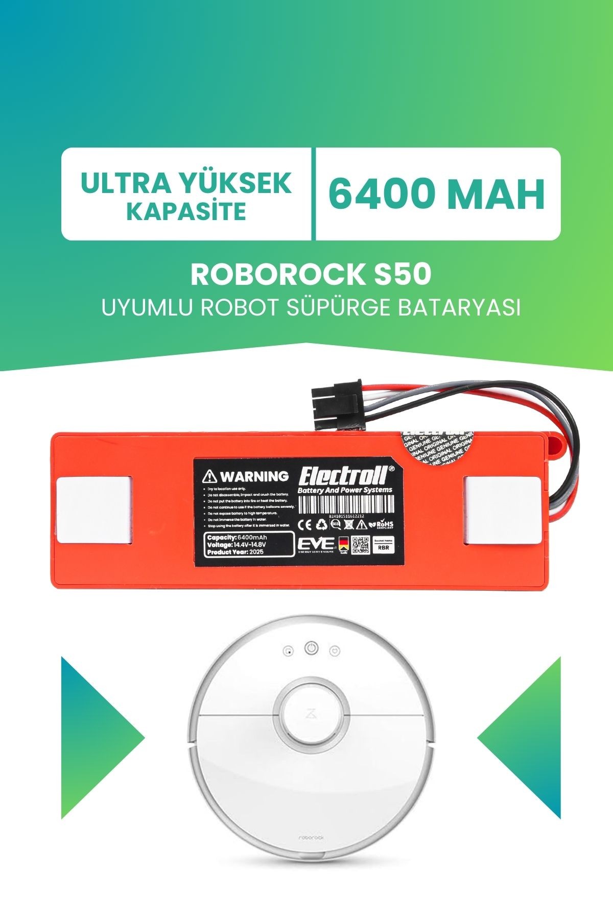 Roborock S50 Uyumlu Batarya (ULTRA YÜKSEK KAPASİTE) 6400mah Kutulu Robot Süpürge Bataryası Değişimi