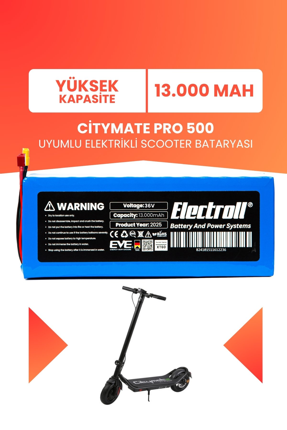 Citymate Pro 500 Uyumlu Batarya (Yüksek Kapasite) Batarya 36v 13ah Pil Elektrikli Scooter Bataryası