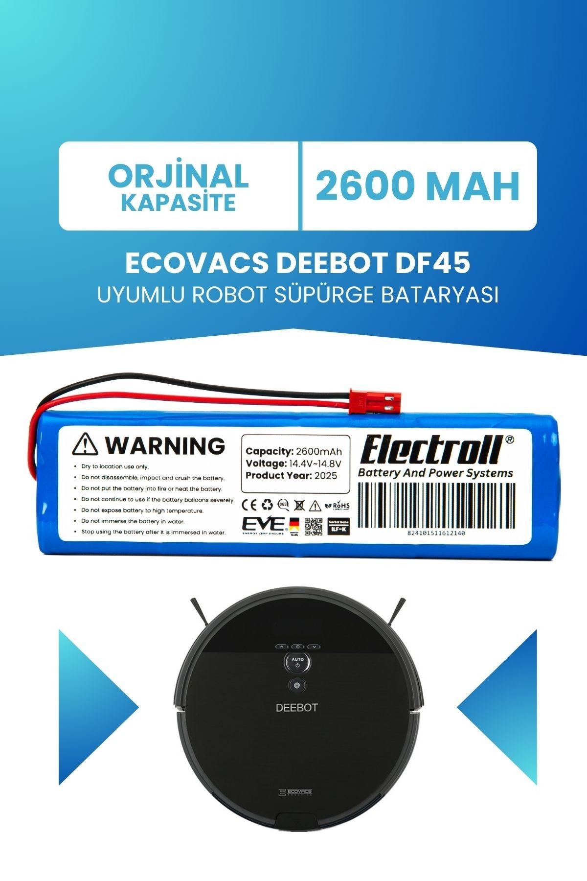 Ecovacs Deebot Df45 Uyumlu Batarya (ORJİNAL KAPASİTE) 2600mah Pil Robot Süpürge Bataryası Değişimi