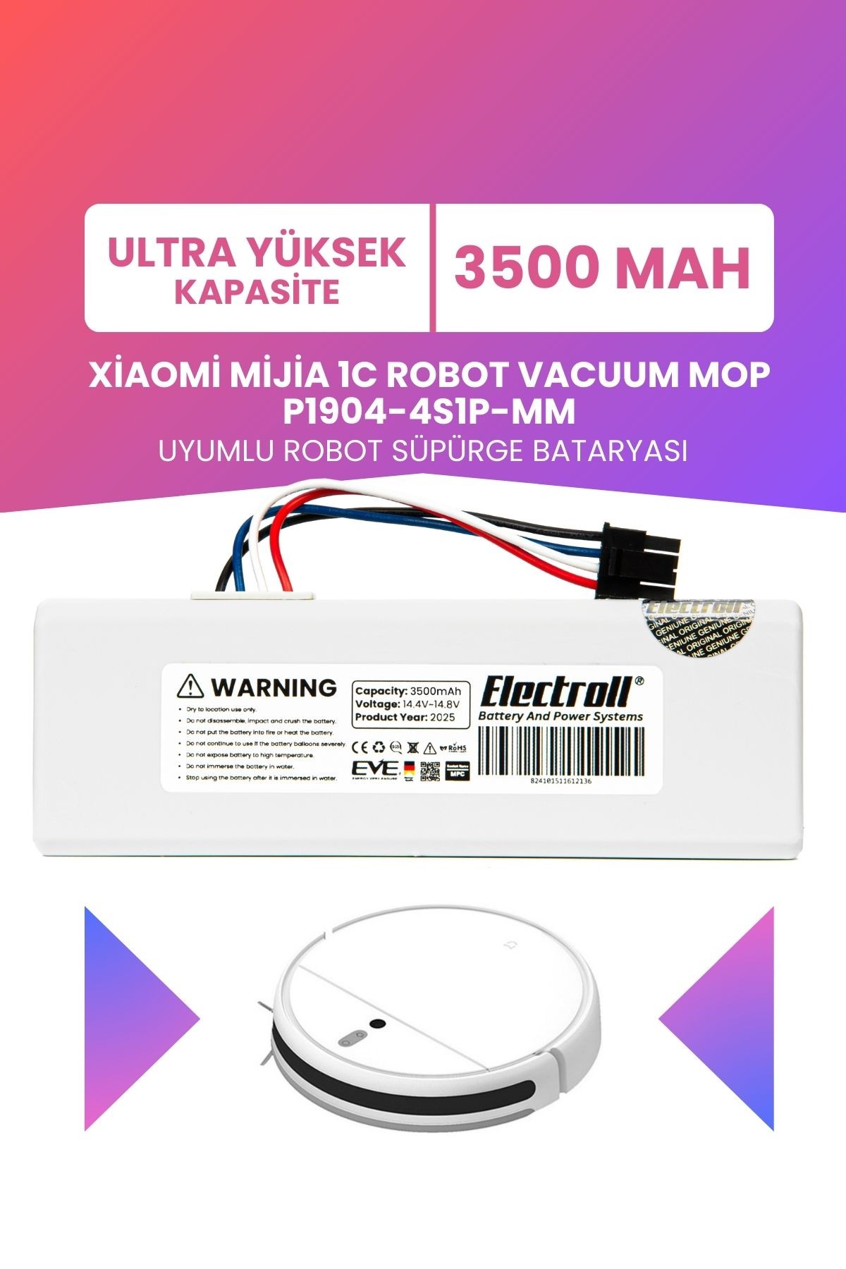 Xiaomi Mijia 1C Robot Vacuum Mop P1904-4S1P-MM Batarya 3500mah Ultra Yüksek Kapasite Robot Süpürge
