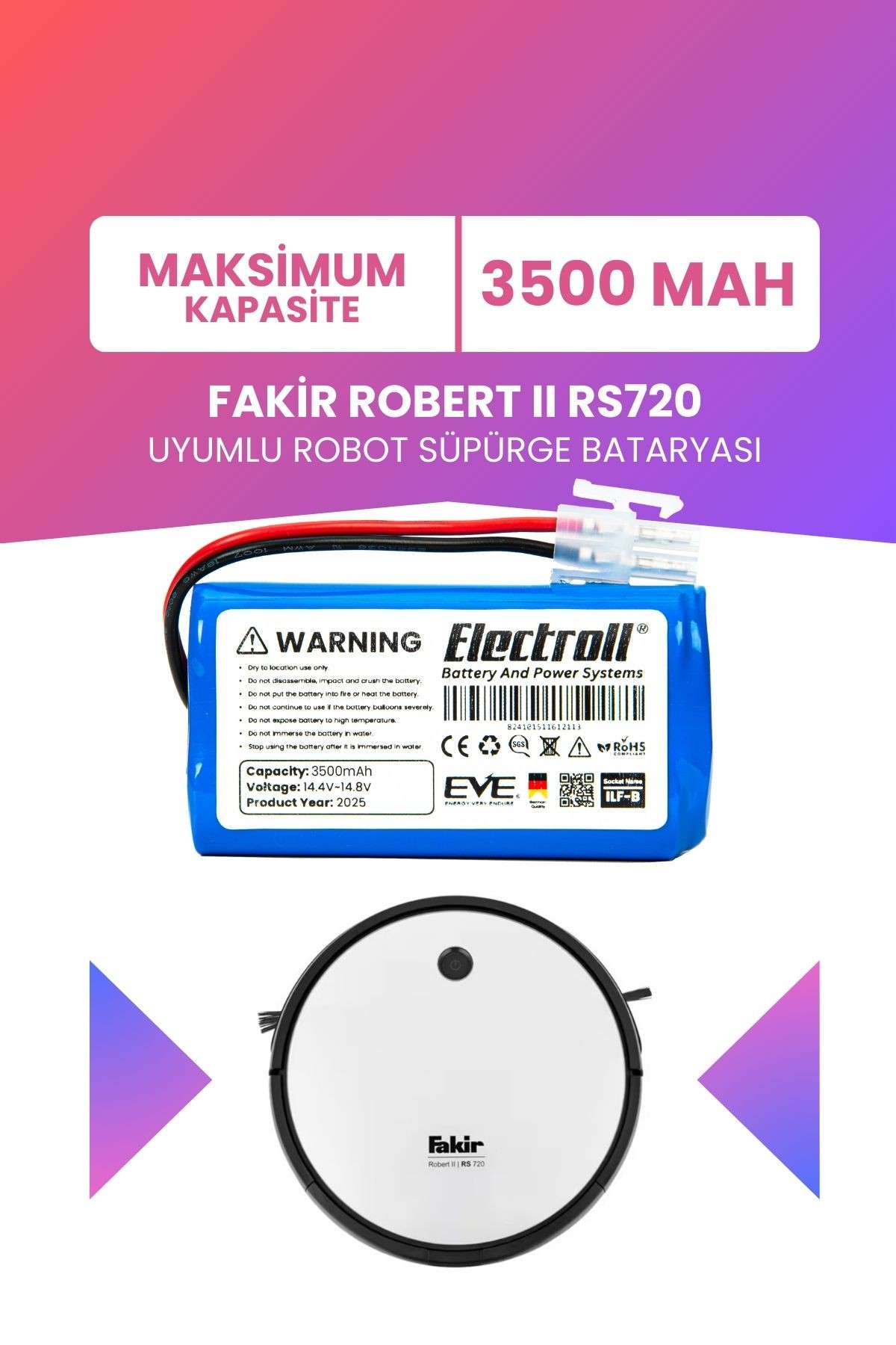 Fakir Robert Iı Rs720 Uyumlu Batarya (MAKSİMUM KAPASİTE) 3500mah Robot Süpürge Bataryası 41004400