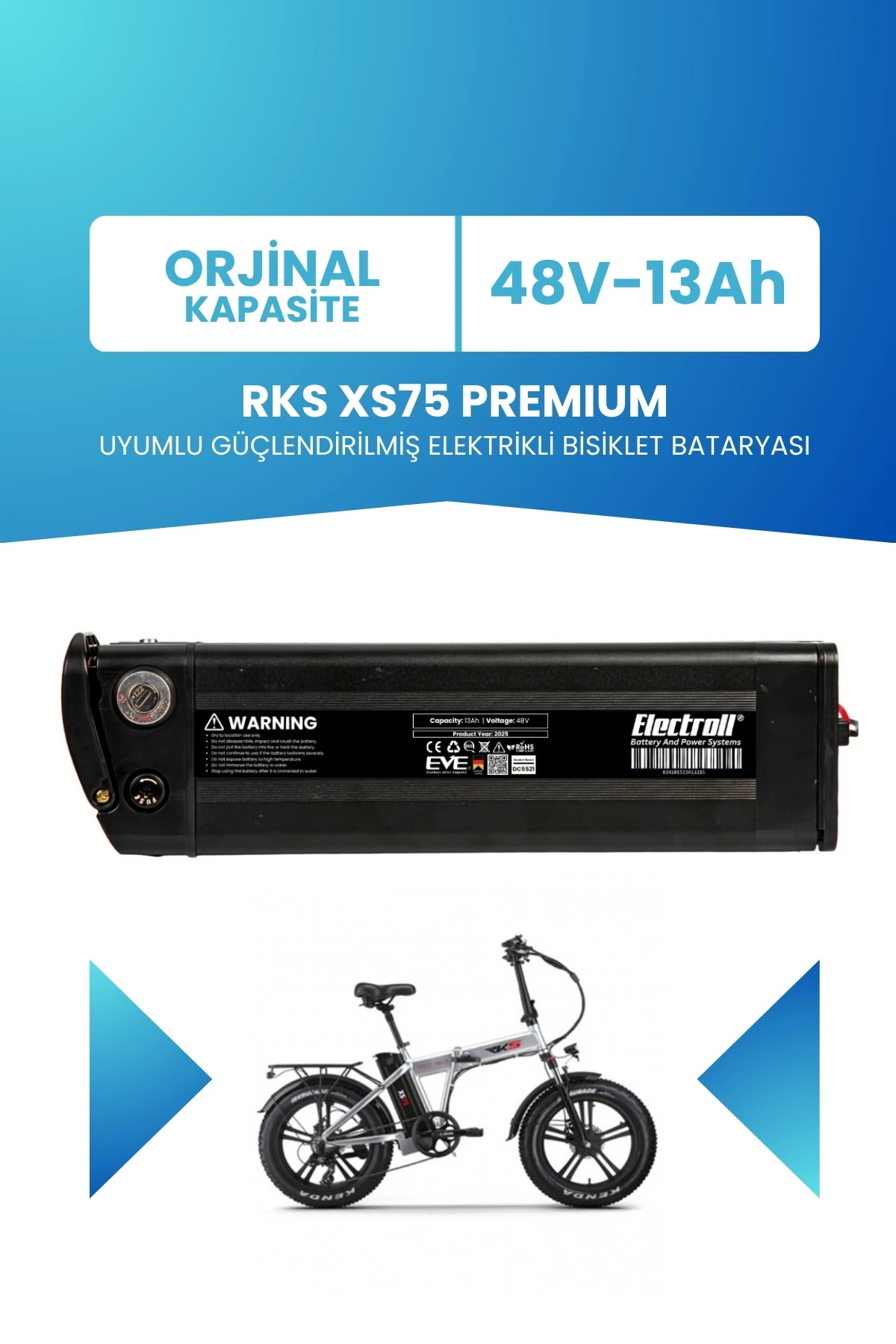RKS XS75 PREMIUM Uyumlu 48V 13Ah Güçlendirilmiş Elektrikli Bisiklet Bataryası