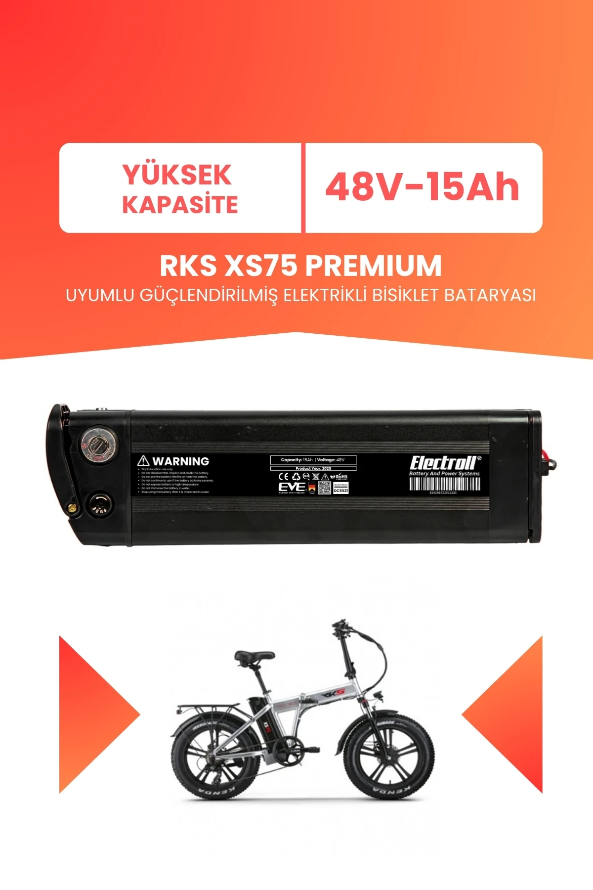 RKS XS75 PREMIUM Uyumlu 48V 15Ah (Yüksek Kapasite) Güçlendirilmiş Elektrikli Bisiklet Bataryası