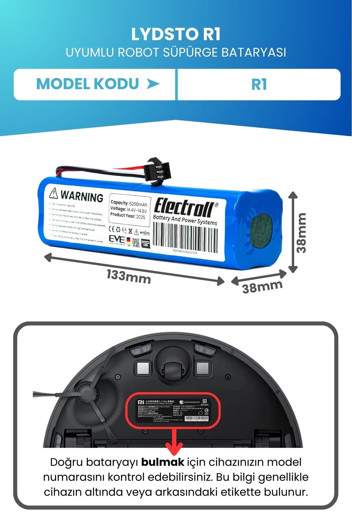 Lydsto R1 Uyumlu Batarya (ORJİNAL KAPASİTE) 5200mah Pil Akıllı Robot Süpürge Bataryası Değişimi