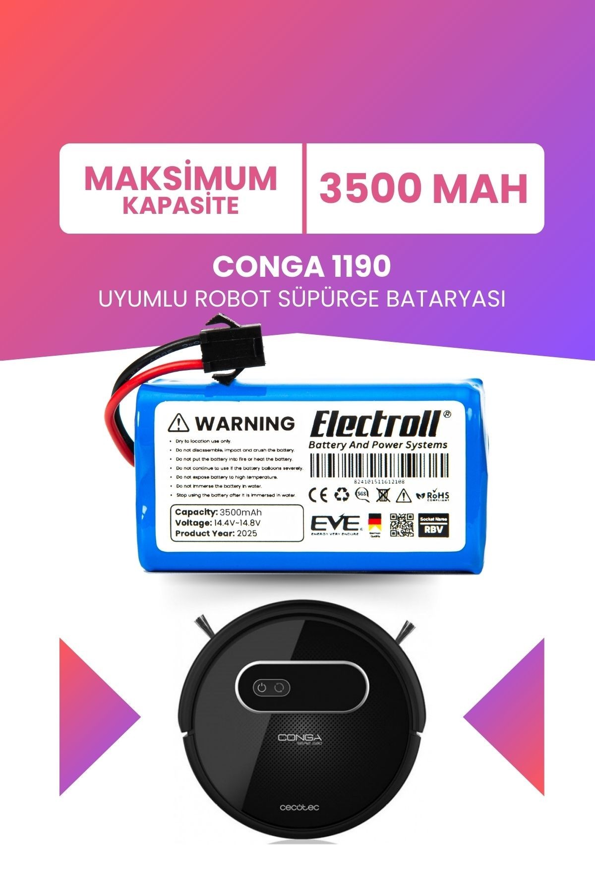 Conga 1190 Uyumlu Batarya (MAKSİMUM KAPASİTE) 3500mah Pil Akıllı Robot Süpürge Bataryası