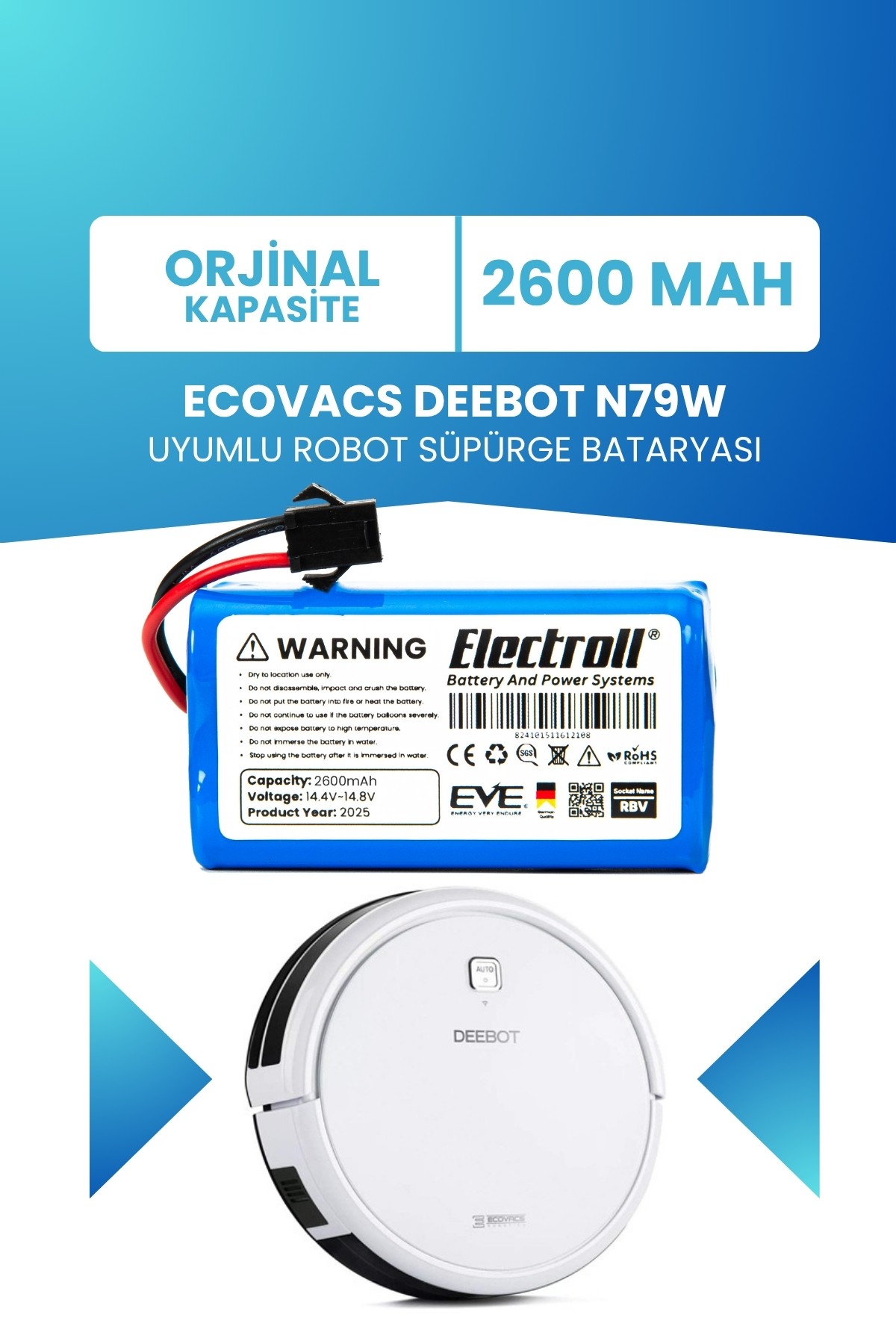 Ecovacs Deebot N79w Uyumlu Batarya (STANDART KAPASİTE) 2600mah Robot Süpürge Bataryası