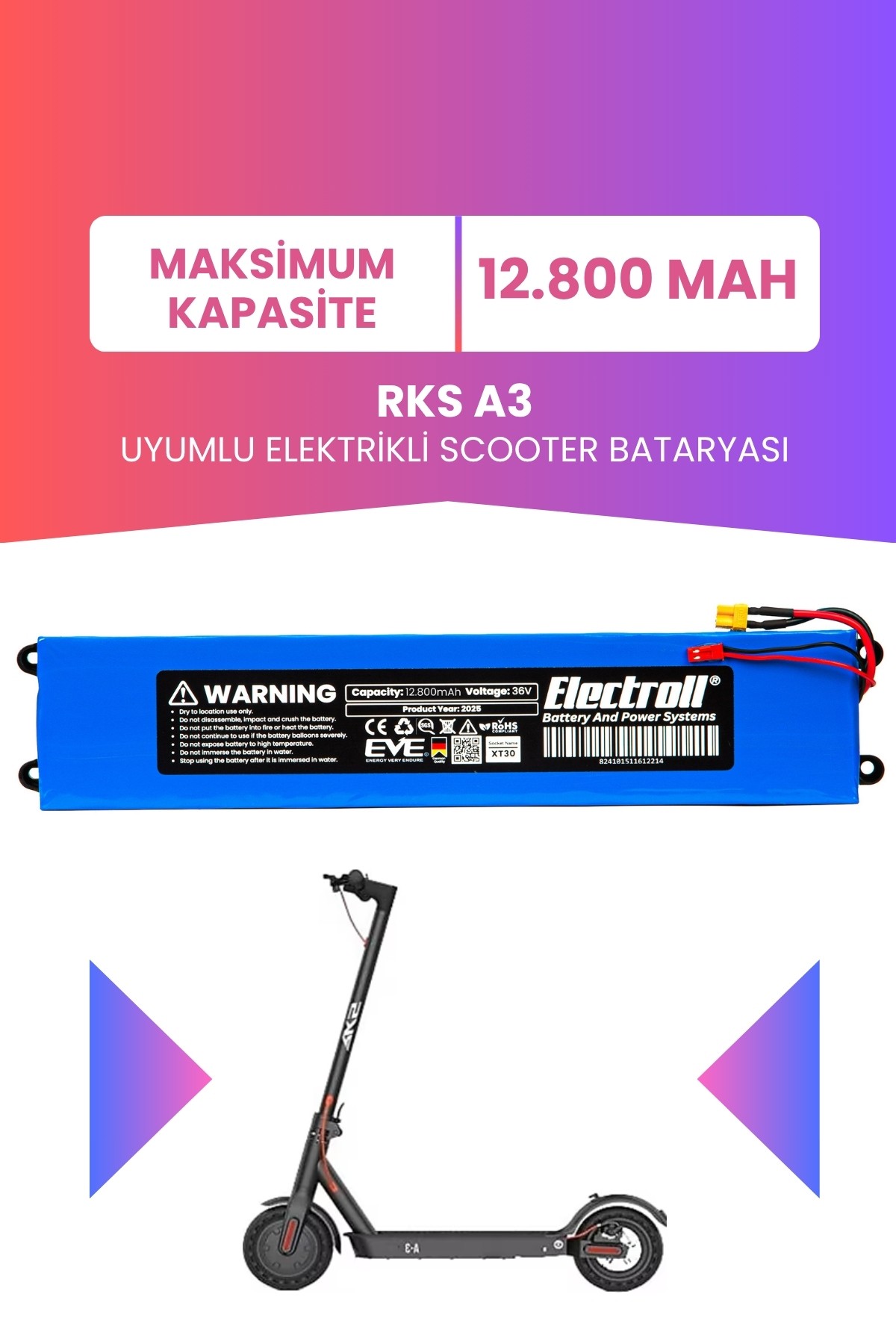 RKS A3 Uyumlu Batarya (Maksimum Kapasite) 36v 12.800Mah Elektrikli Scooter Bataryası