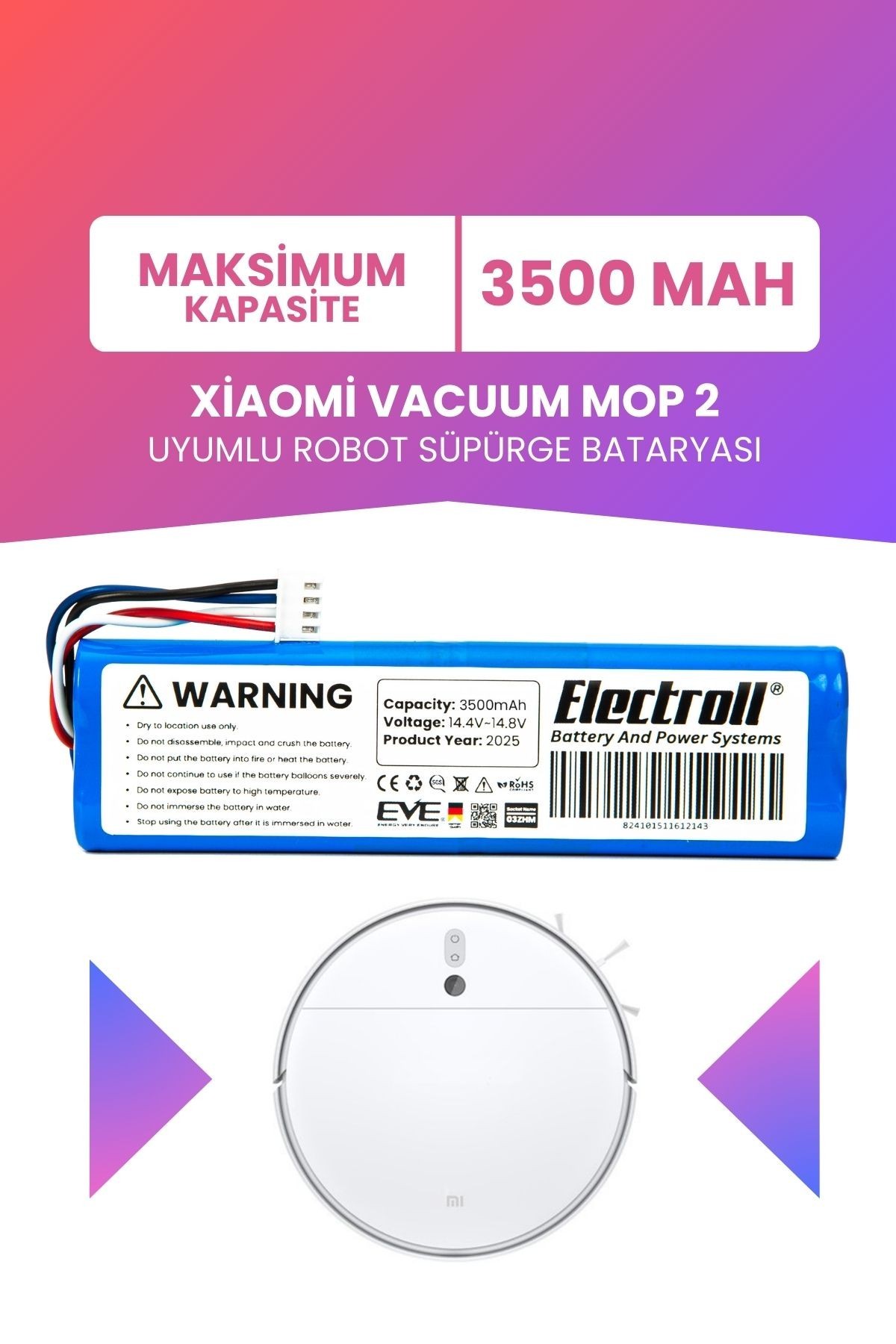 Xiaomi Vacuum Mop 2 Uyumlu Batarya (MAKSİMUM KAPASİTE) 3500mah Robot Süpürge Pil Değişimi
