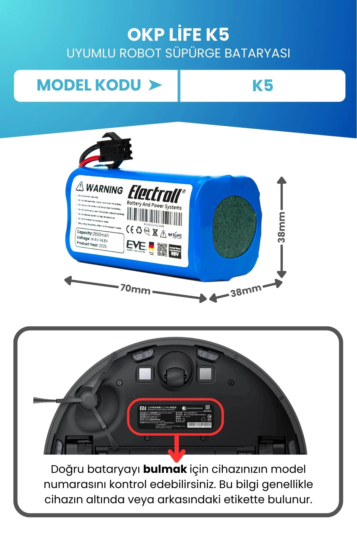 Okp Life K5 Uyumlu Batarya (STANDART KAPASİTE) 2600mah Robot Süpürge Bataryası