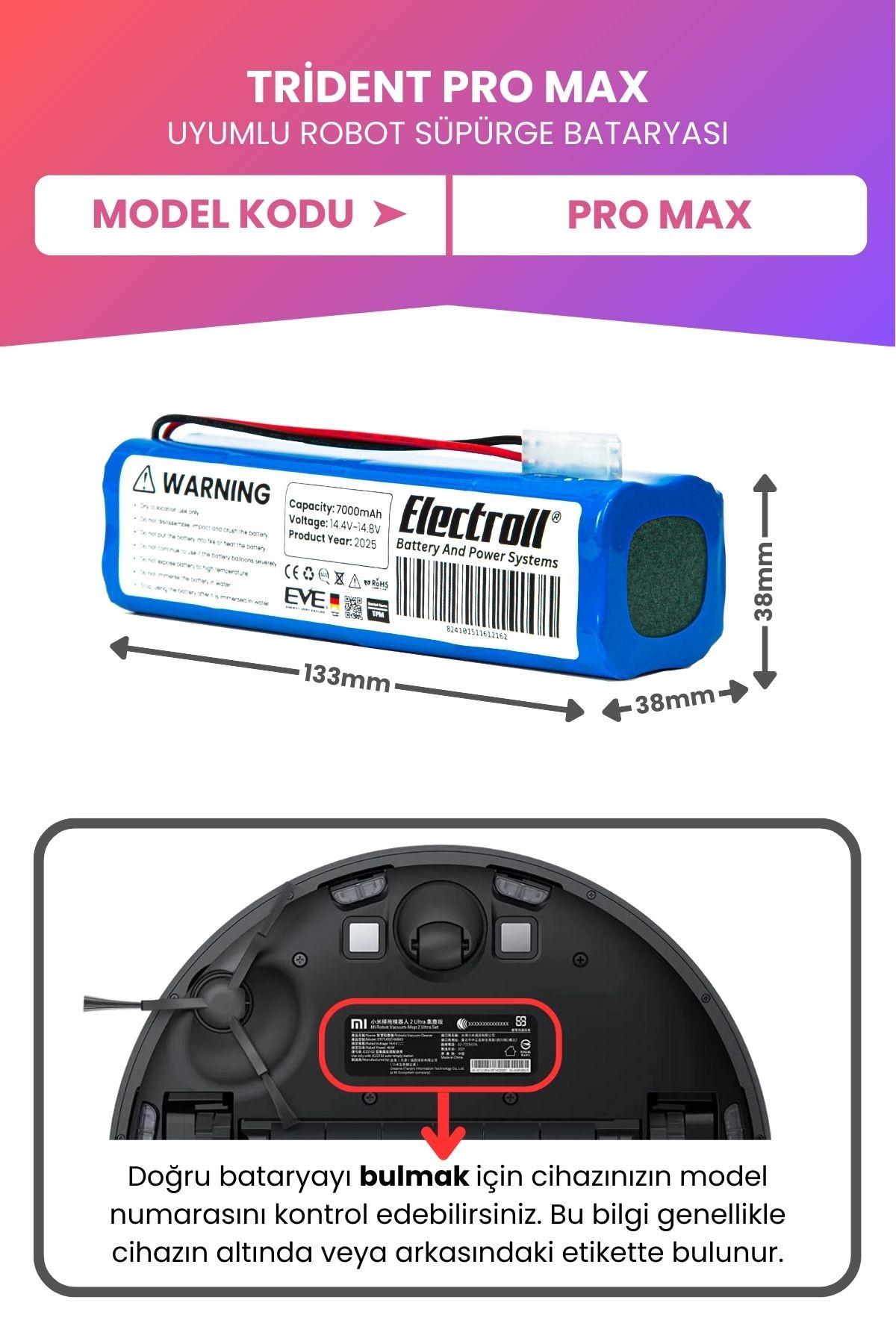 Trident Pro Max Uyumlu Batarya (MAKSİMUM KAPASİTE) 7000mah Pil Robot Süpürge Bataryası Değişimi