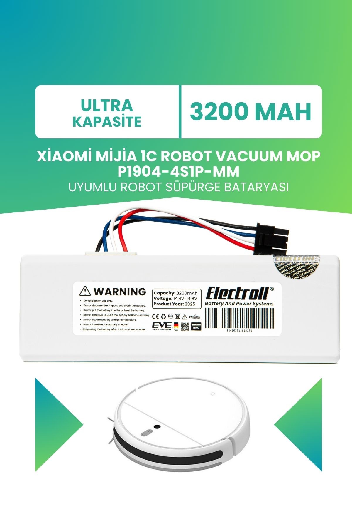 Xiaomi Mijia 1C Robot Vacuum Mop P1904-4S1P-MM Batarya 3200mah Ultra Kapasite Robot Süpürge Pili