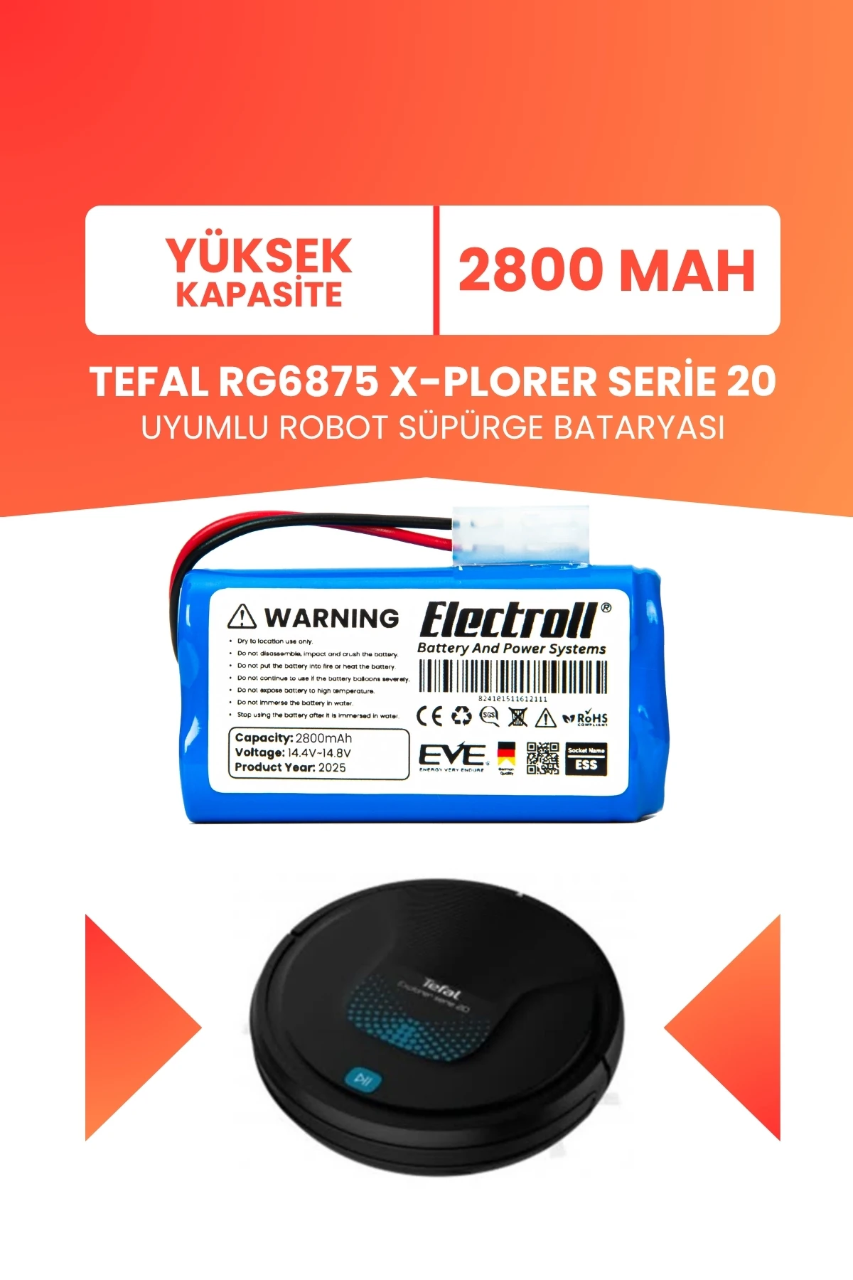 Tefal RG6875 X-Plorer Serie 20 Uyumlu Batarya (YÜKSEK KAPASİTE) 2800mah Pil Robot Süpürge Bataryası