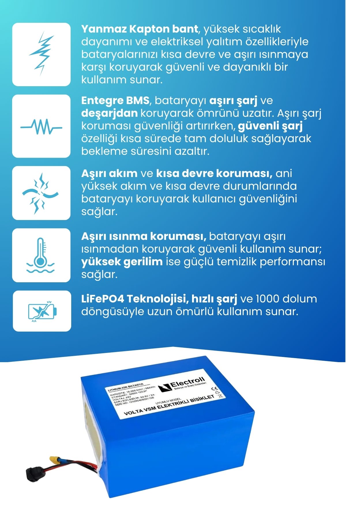 Volta VSM 48V 18 Ah LifePO4 (Elektrikli Bisiklet için Akü) + 5A LiFePo4 Şarj Cihazı Hediyeli