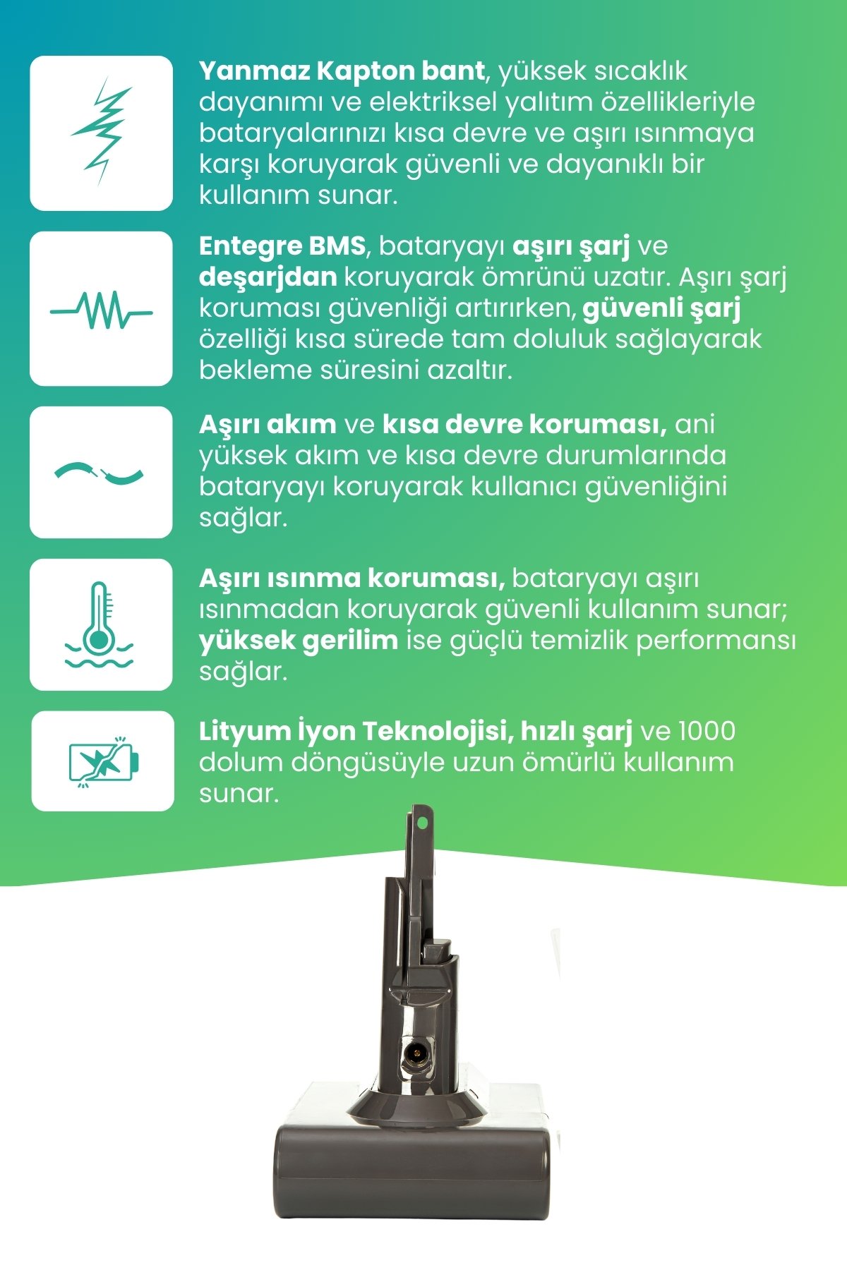 Dyson V7 HEPA Uyumlu Batarya (ULTRA YÜKSEK KAPASİTE) 21.6 V 3200mah Dikey Süpürge Bataryası