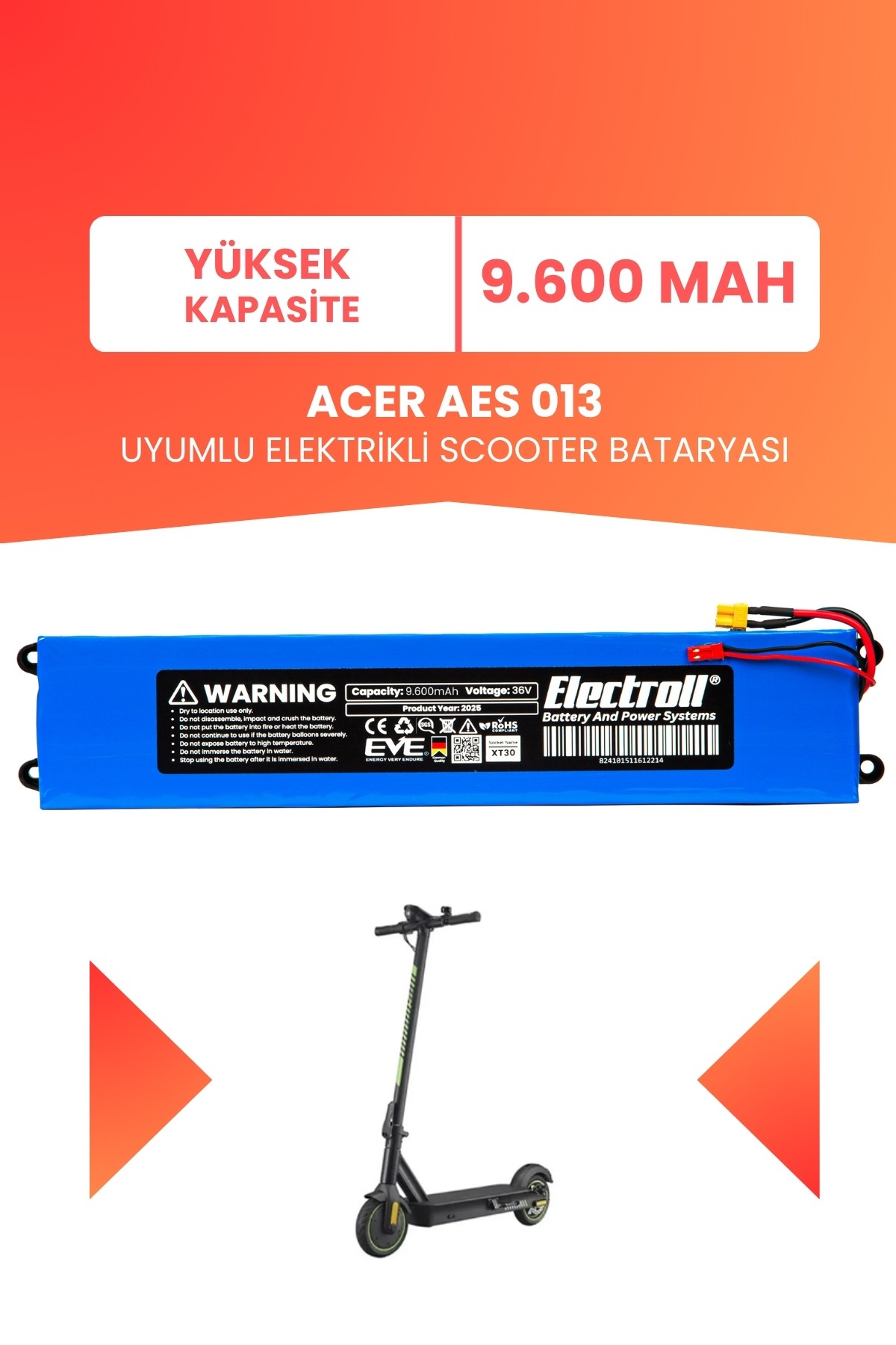Acer Aes 013 Uyumlu Batarya (Yüksek Kapasite) 36v 9.600Mah Elektrikli Scooter Bataryası