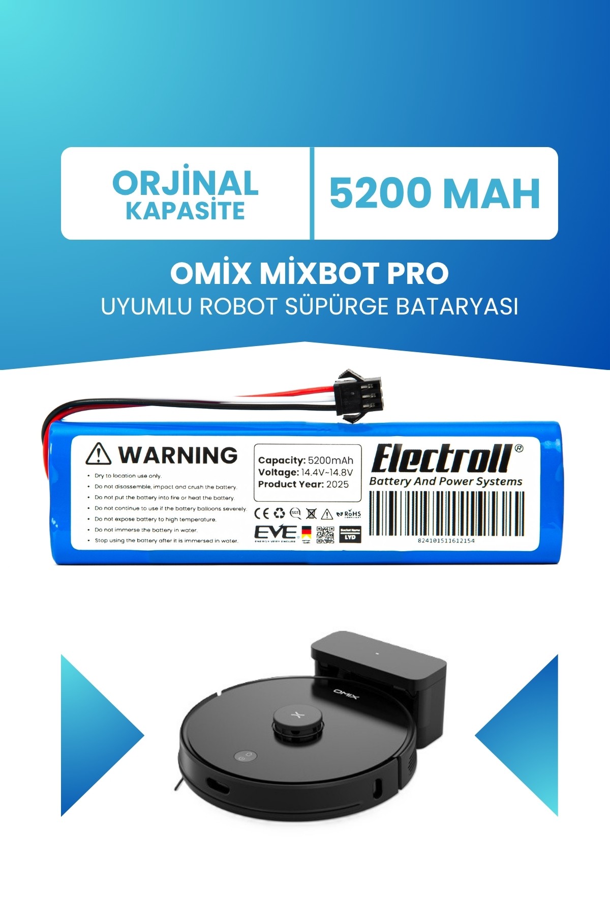 Omix Mixbot Pro Uyumlu Batarya (STANDART KAPASİTE) 5200mah Pil Robot Süpürge Bataryası