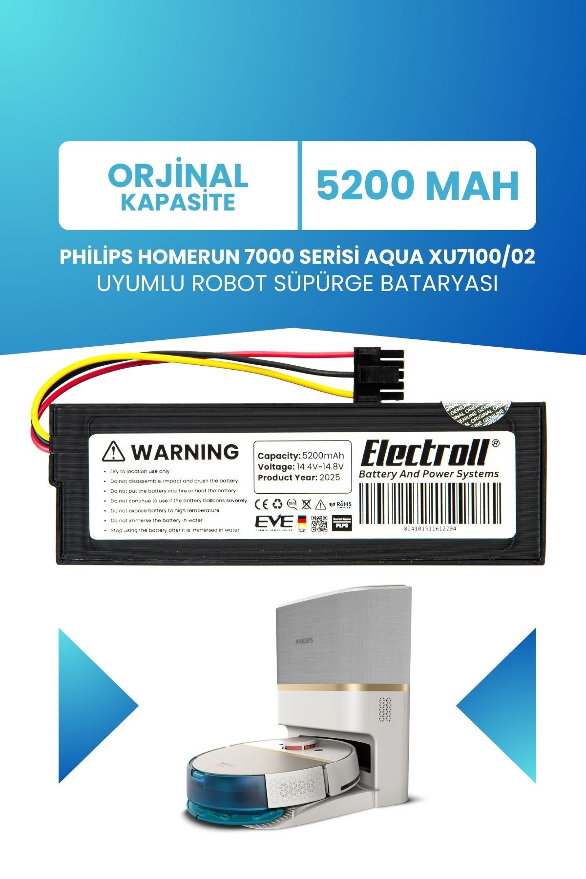 Philips Homerun 7000 Serisi Aqua Xu7100/02 Batarya (ORJİNAL KAPASİTE) 5200mah Robot Süpürge Pili