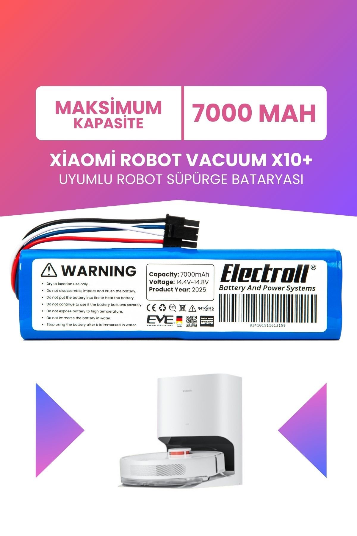 Xiaomi Robot Vacuum X10+ Uyumlu Batarya (MAKSİMUM KAPASİTE) 7000mah Pil Robot Süpürge Bataryası